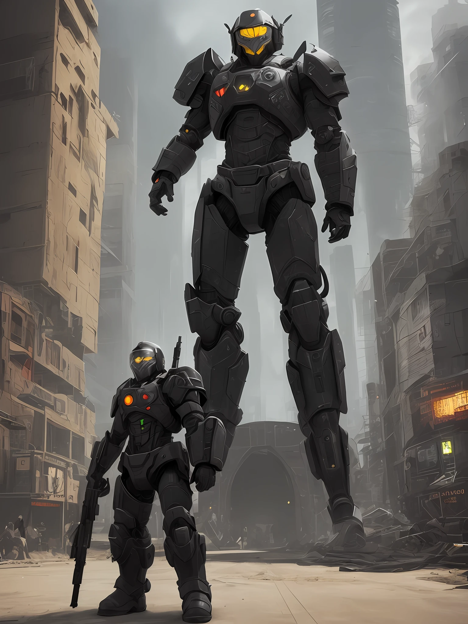 Full body photo，A tough guy in black futuristic special power armor，Armed with the firearms of the future，Carry tactical items