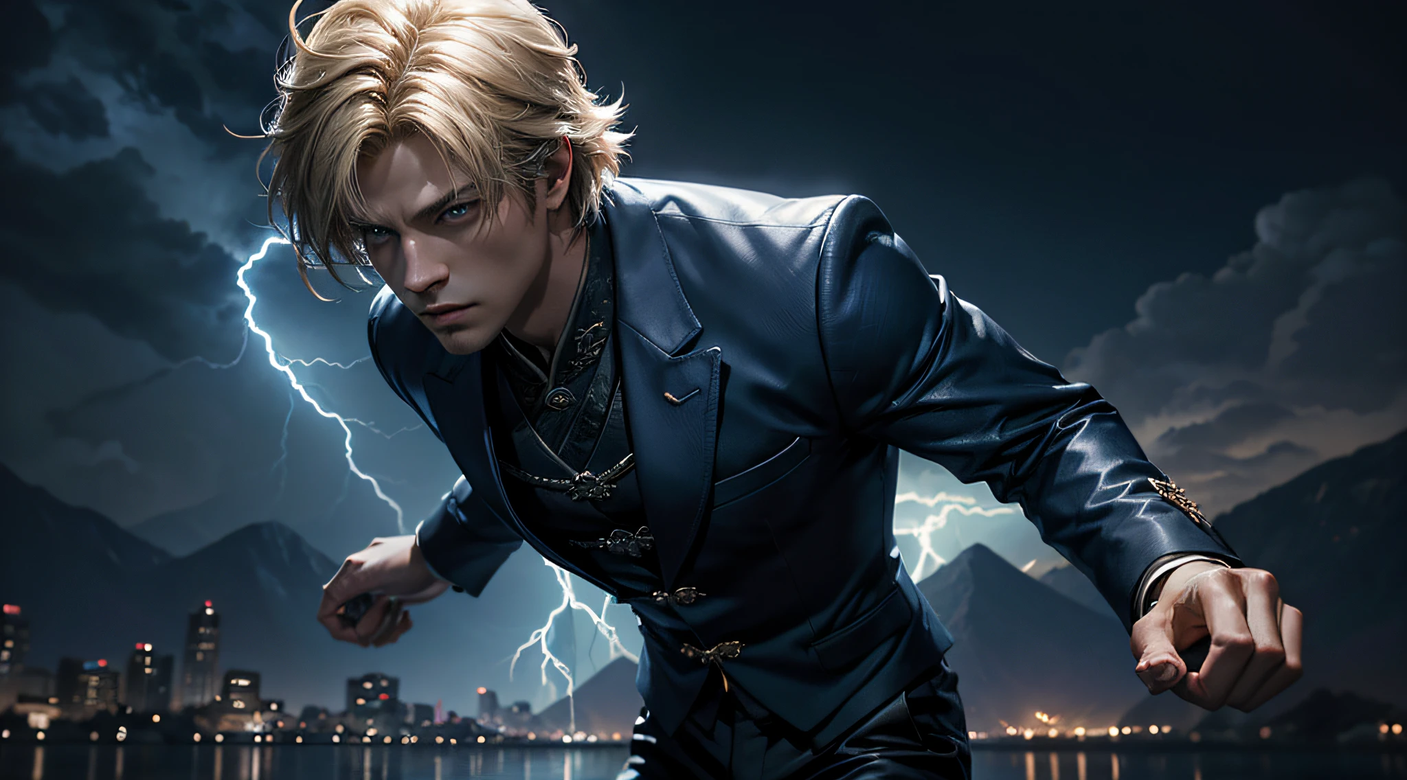 1man, solo, a close up of a hansome man standing in a dark blue suit in city, unreal engine render, from final fantasy, blonde hair , human ear, human, lightning power, dark blue eye, look at viewer, shorts hair, side-swept hairstyle, dark blue Chinese Traditional Clothing, Lightning surrounds, river, mountain, lightning