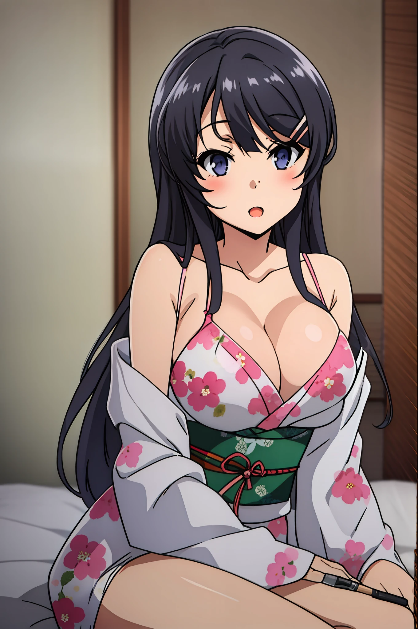 sakurajima mai, mai-san, (masterpiece), 1girl, japanese clothes, solo, kimono, red kimono, show panties, show bra, black panties, black bra, medium breasts, cleavage, blush, paintbrush, calligraphy brush, bedroom background, ink, bare shoulders, off shoulder, looking at viewer, sash, smile, collarbone, sitting, obi, floral print, wide sleeves, parted bangs, between breasts, holding, open mouth, nsfw