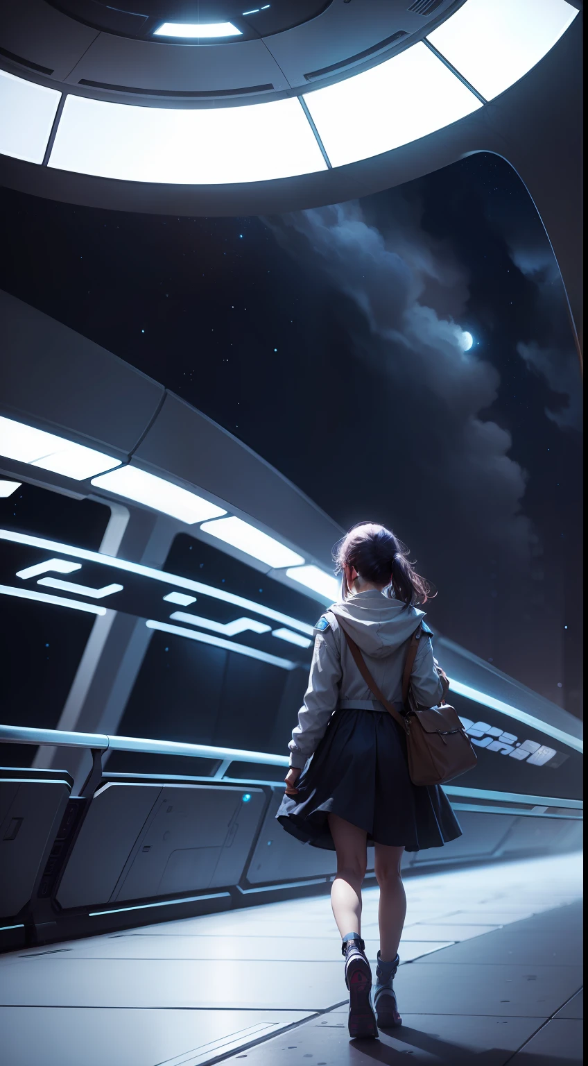 A spaceship promenade has a cute girl strolling around