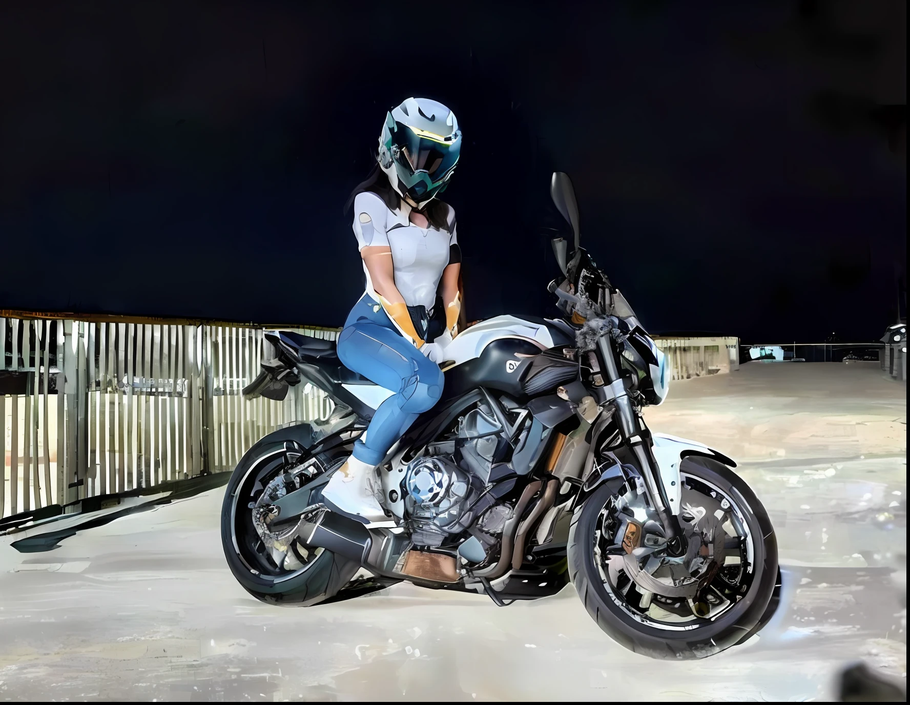 solamente, Foto RAW, realista, Obra maestra, La mejor calidad, High resolution, Ultra detallado, Artes oficiales, Unidad 8K Fondo de pantalla, Fondo de pantalla oficial, 1girl,1mujer, casco, bodysuit, Traje negro, Piel apretada, Ropa motera, (Orejas de animales), Traje de bicicleta, cuero, (senos grandes), cintura delgada, caderas anchas, Noche, Luz de la luna, cybernetic motorcycle gloves, (Descomprimir la ropa), innerboob, pose, (Una persona en un cibercasco de futuro), Cybercasco blanco, genial, Cybernate, Reflections in dark glass and plastic, cerrar, motion lines, Buttom arriba hacia abajo,  (se acabaron), hiper detallado, Neon lights, neon colors, cyberpunk, Reflexiones, brillante, Chispas, Armas detalladas, Dedos detallados, piernas detalladas, small detailed, fondo oscuro, (Inclinado hacia adelante y hacia abajo),  pose seductora, Vista sexy, hair from fiber optic wires and electrical cables, Recostarse en la motocicleta del futuro,
