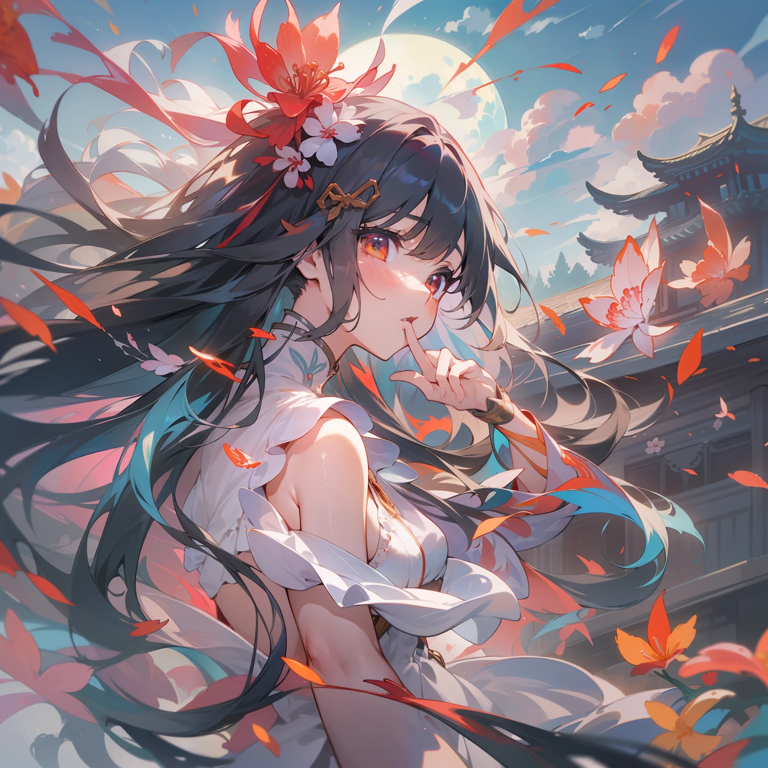 (8K、Raw photography:1.2)、top-quality、超A high resolution、Dramatic angles、(Fine-colored splashes flutter)、(illustratio)、(((女の子1人)))、(long)、(Air bubble:0.9)、 (hair adornments:1.4)、There is an ancient palace next to the girl、onepiece、(Focus)、Color Ink Painting、(Color splash)、Colorful splashes、(((colourfull)))、(Sketched:0.8) 、​masterpiece、best qualtiy、Beautifully painted、A highly detailed、(denoise: 0.6)、[Splash ink]、((Ink refraction))、(Beautiful detailed sky)、a moon、A highly detailed、(​masterpiece、best qualtiy、A highly detailed) CG Unity 8k wallpapers、​masterpiece、top-quality、ultra-detailliert)、(Lycoris radiata)、、
