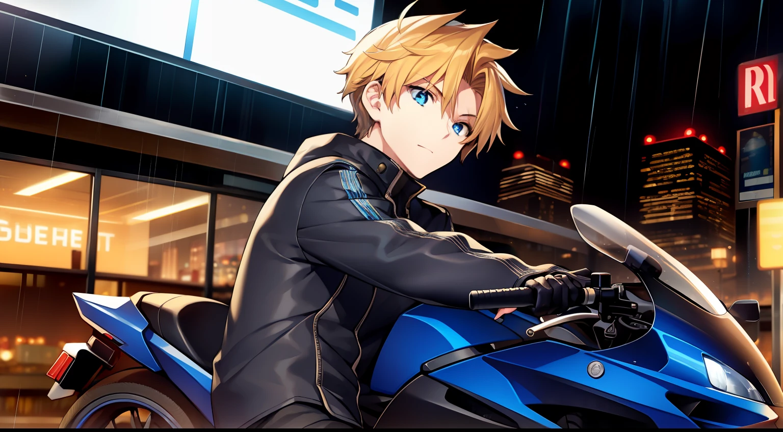 1boy,Drive a motorcycle,Faraway view,Golden hair,pony tails,blue color eyes,the night,Rainy days,city neon light,jaket