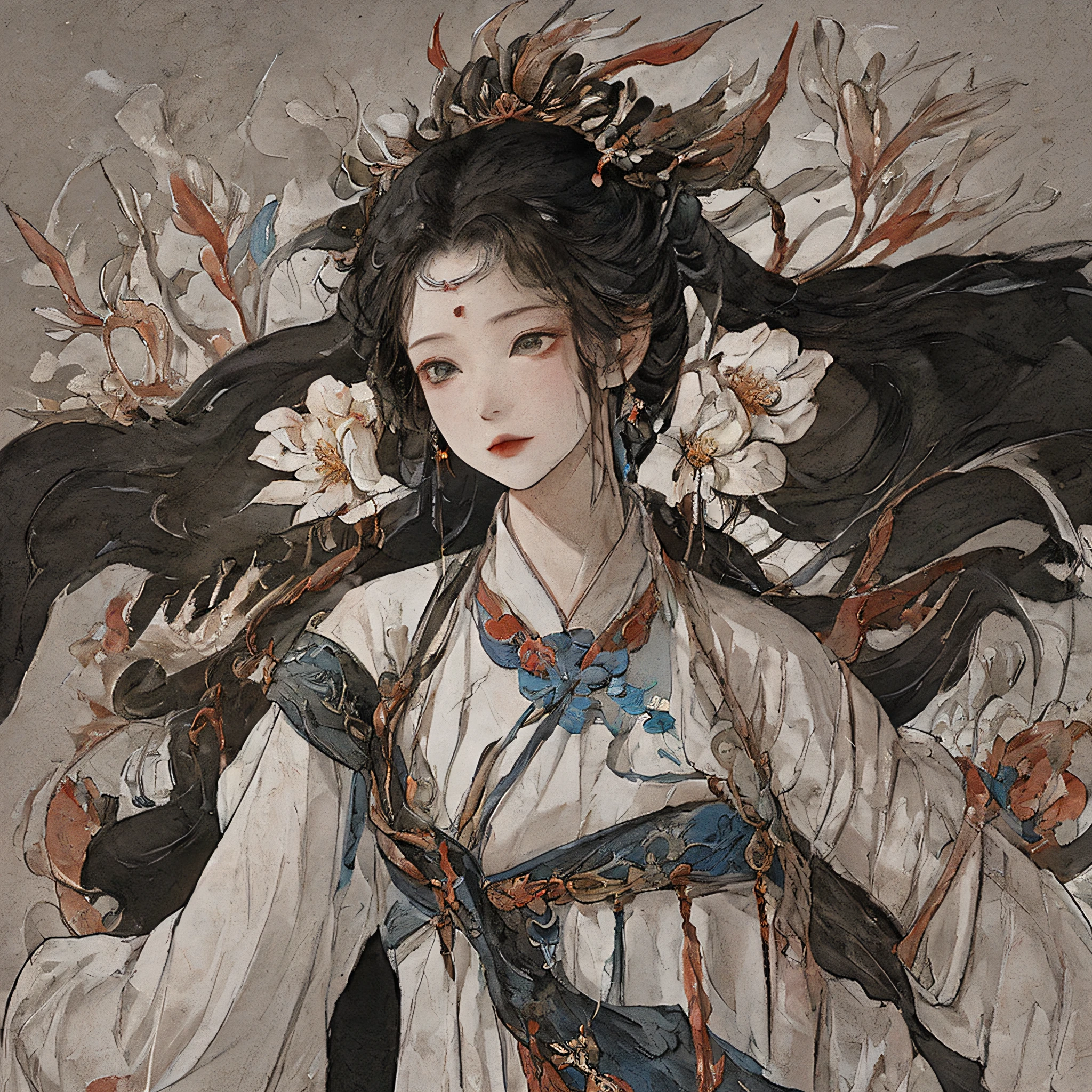 one-girl， Hanfu，long  skirt， full bodyesbian，  Clear face，Detailed eyes， Clean white background， tmasterpiece， super detailing， Epic composition， hyper HD， high qulity， extremely detaile， offcial art， Uniform 8K wallpaper， super detailing， 32K