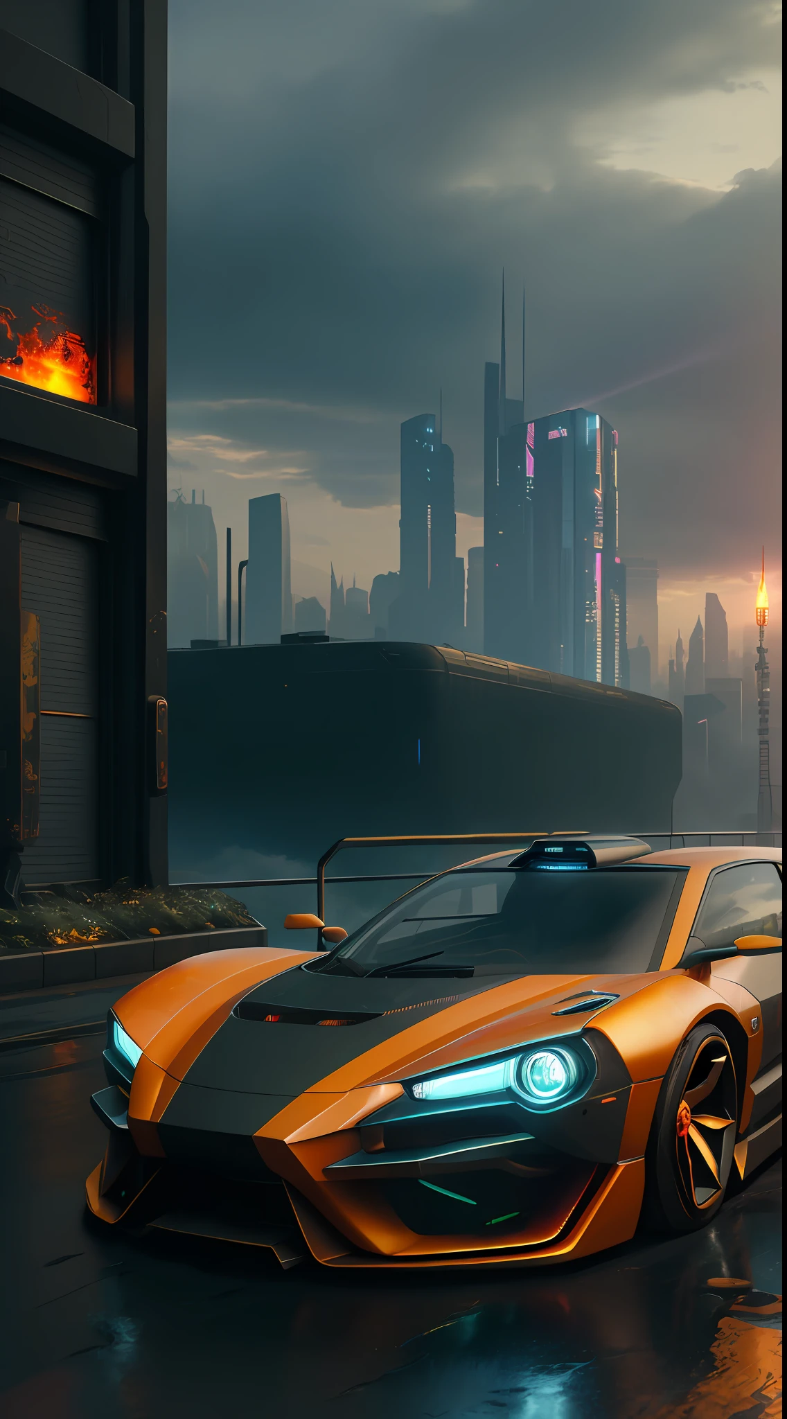 ((cyberpunk futuristic car on fire)) ((Realistic Lighting, Best Quality, 8K, Masterpiece:1.3)) Focus:1.2,Carved Abs:1.1, (Outdoor, Waterfront:1.1), City Street,