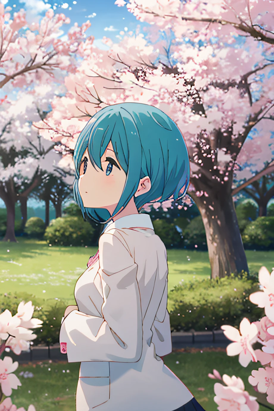 pink back ground，Big breasts Hatsune Miku，jk，having fun，sakura trees at background