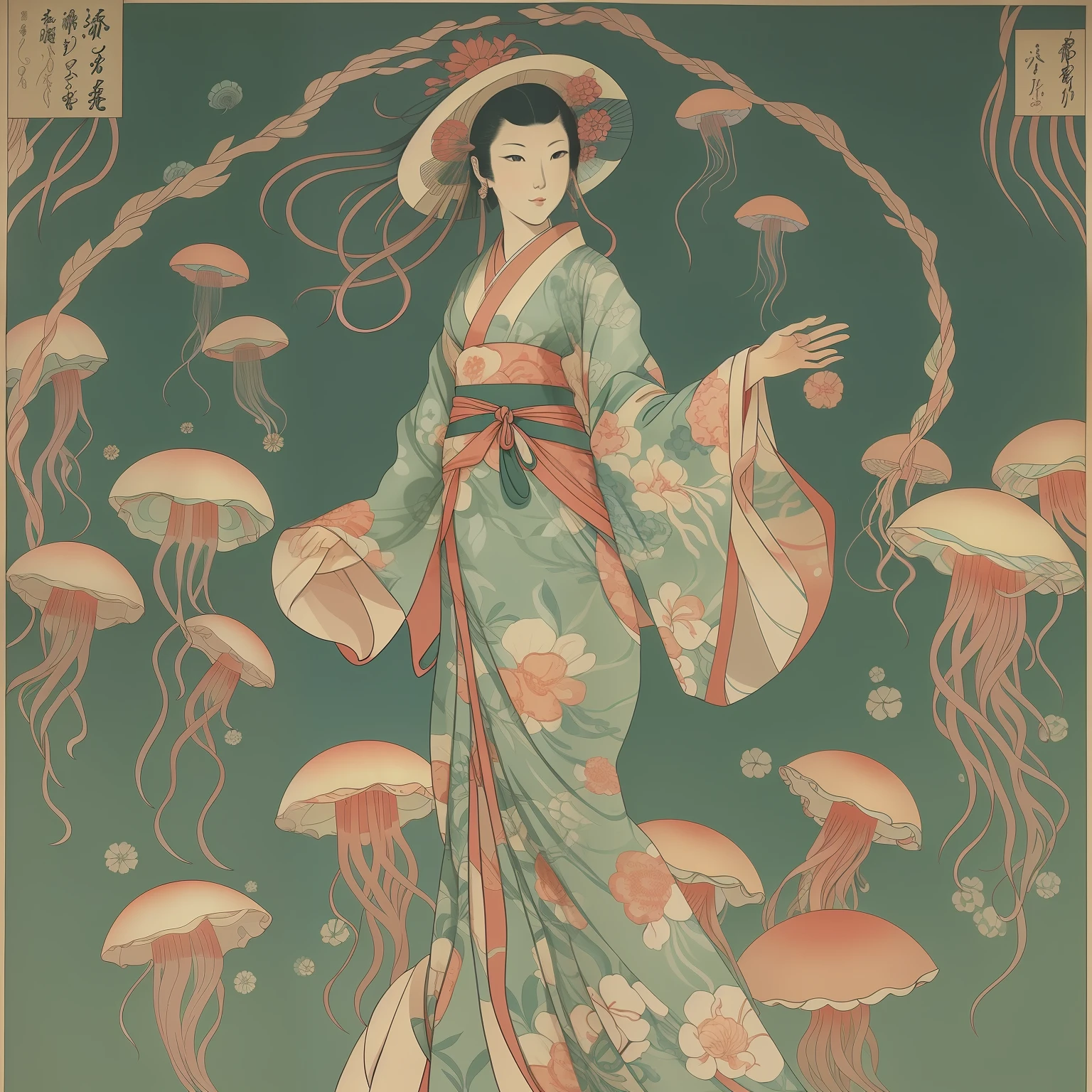 jellyfish woman, with a beautiful dress, full body,ukiyoe style,beautiful hands and legs,beautiful face,kimono style