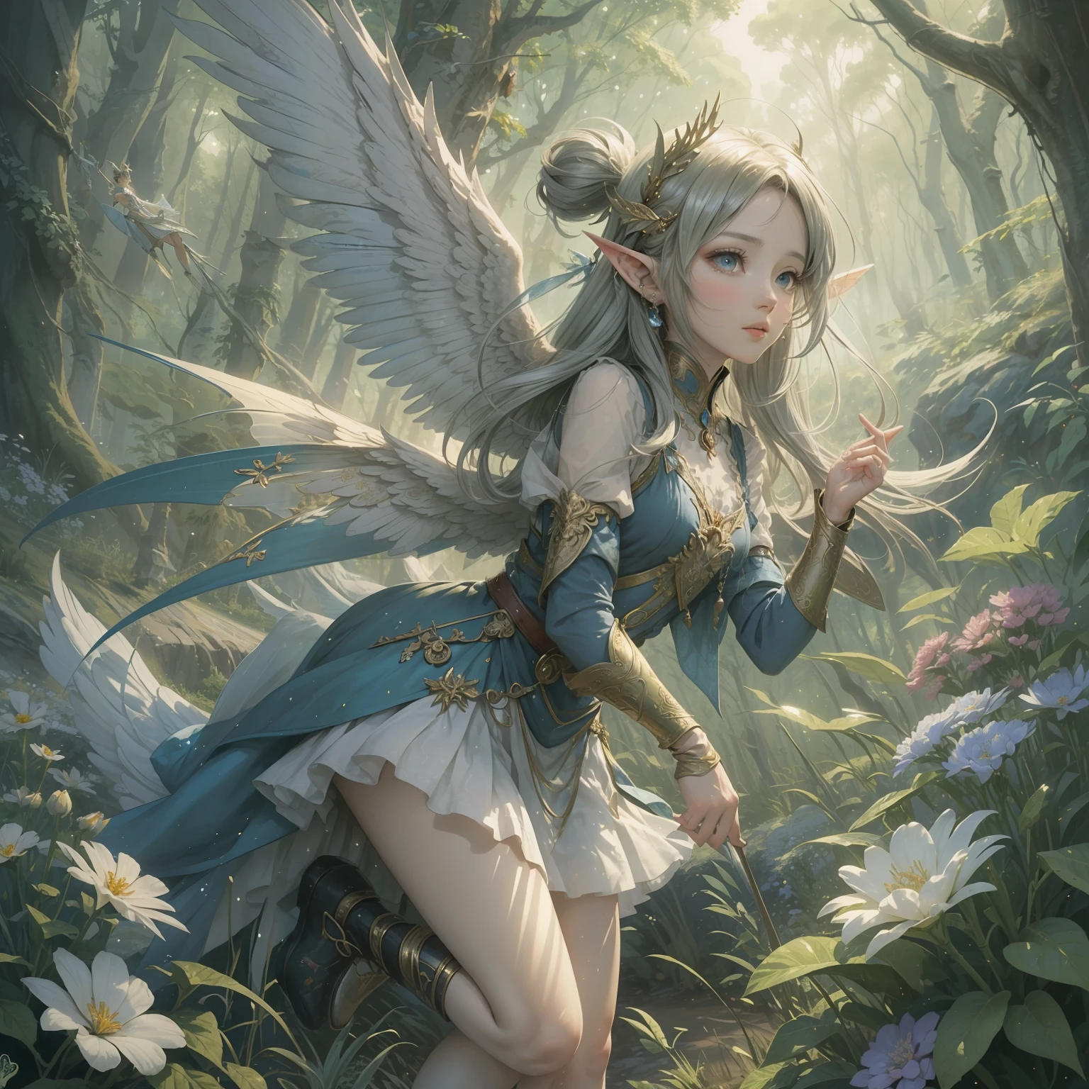 (Exquisite art style: 1.2 + bright colors: 1.2), (HD (8K) wallpaper + ultra-high precision: 1.2), When you think of "elf wings", you will imagine a flowing, elegant elf girl, flying in the air, surrounding the woods and wilderness. Her wings can be white, gold, or silver-gray, shining. She can wear dresses, short skirts or blue silk. Surrounded by trees, flowers and small animals, it is full of nature and magic. The theme "Wings of Elves" is good at depicting brightly colored and detailed dreamy pictures, which lead people's imaginations infinitely to the world of freedom and fantasy.