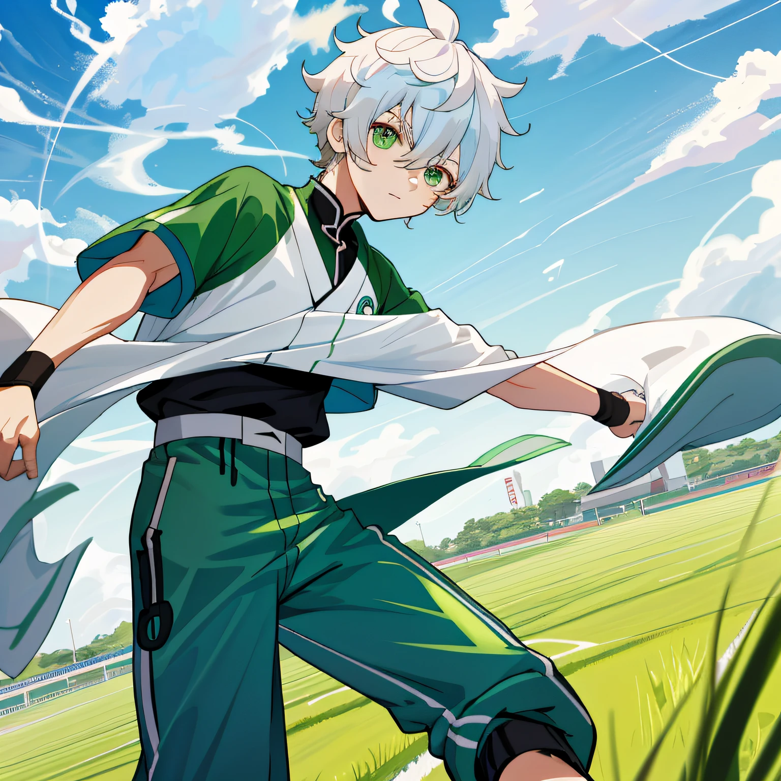 An anime cover, From Genshin, Anime art style,1boy,blue-sky,baiyun,shoun,shorter pants,White hair,Protective goggles,athletic sneakers,grassy fields,Beautiful green eyes