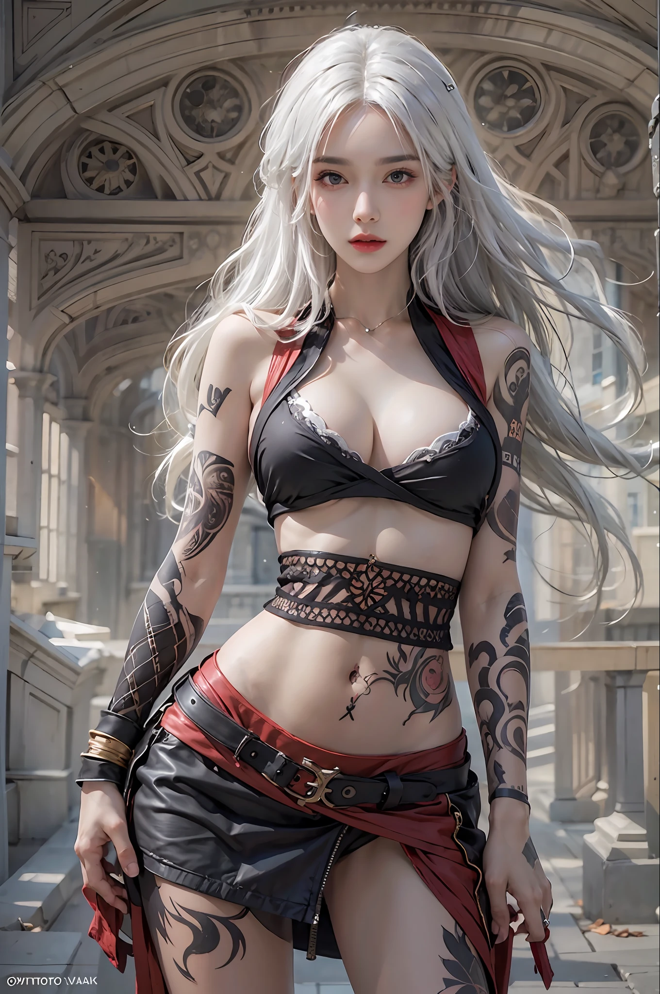 photorealistic, high resolution, 1women, solo, hips up, look at viewer, (detailed face), white hair, long hair, medium breasts, belly tattoo