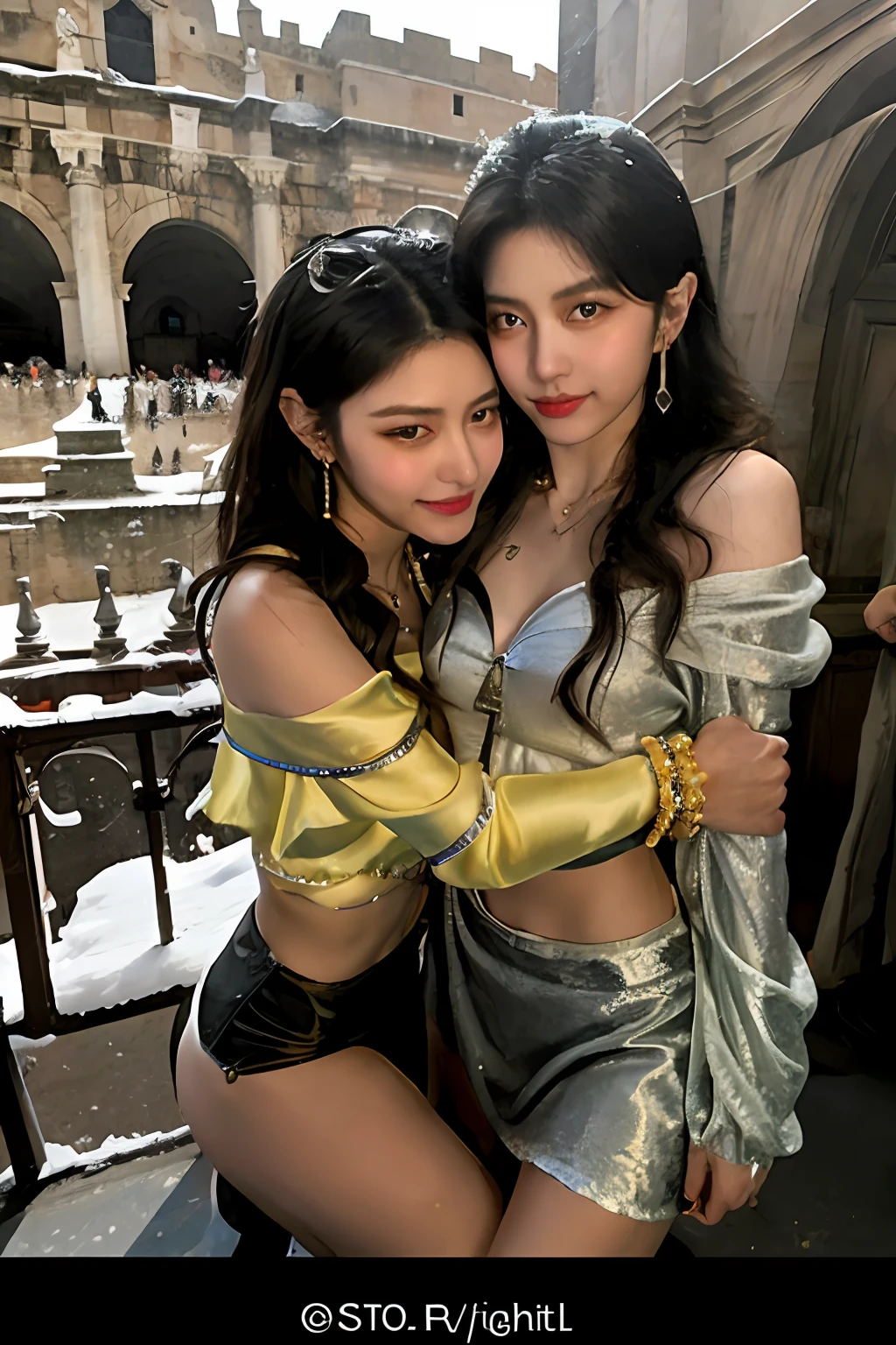 2girls,duo,navel,(silk,satin,on the Castel Sant'Angelo of Rome,crowd,winter,Snow),BREAK Night Light, Drama Light, Earrings, Necklace, Bracelet