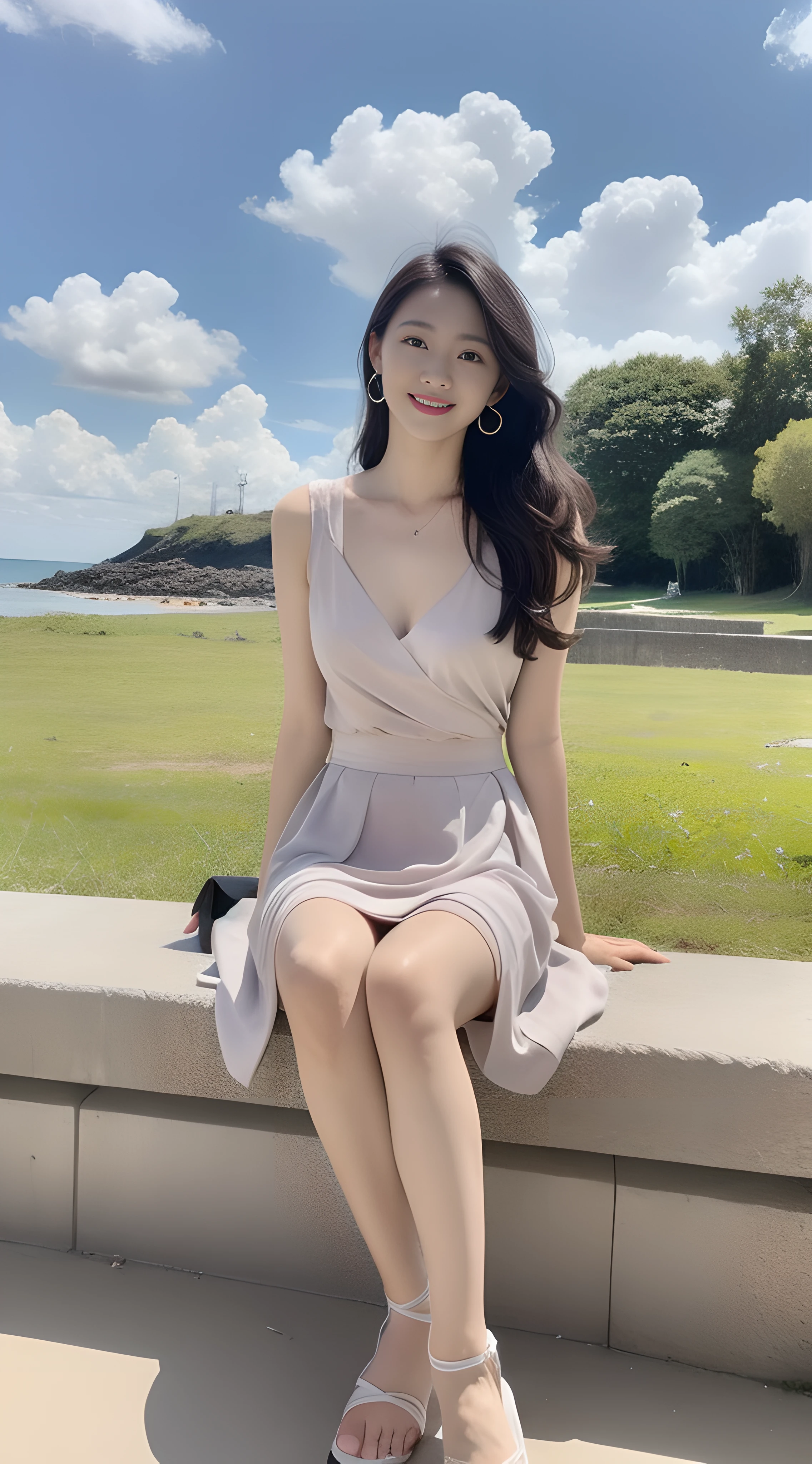 a young, Beautiful cute girl,Full body photo,Extremely beautiful and delicate,Black color hair,A sweet smile,Delicate and beautiful fair skin,Realistic and realistic,exquisite and complete facial features,Detailed depiction of the face,tall nose bridge,Smooth hair,extremely detail hair,Feminine temperament,Tall and tall,Thin,Realiy,White teeth,Tied up with hair,Hyper-realism,sandals,full body shot shot,Forward tilt angle,Extreme picture quality,Highest precision,Precise and perfect human anatomy。with blue sky and white clouds,with blue sky and white clouds,rays of sunshine,Cows, sheeps, (Chiffon skirt)(telephoto shot,)Express the landscape,Highlight portrait。Sitting on the beach by the sea。Wearing earrings