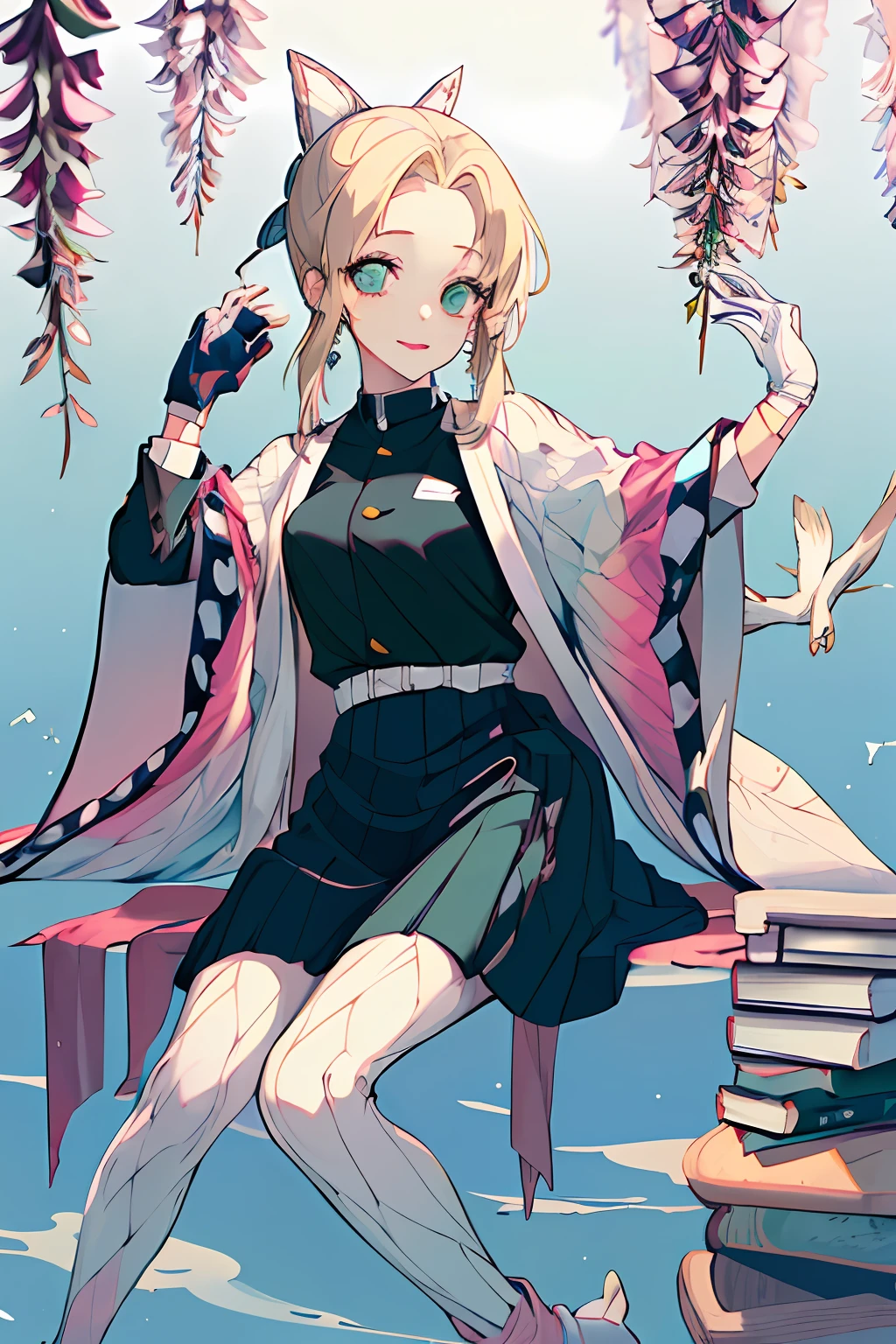 1girl, blonde hair, gloves, long hair, skirt, white gloves, sitting, book stack, solo, shirt, book, green skirt, owl, white shirt, looking at viewer, jewelry, long sleeves, high-waist skirt, green eyes, earrings, ribbon