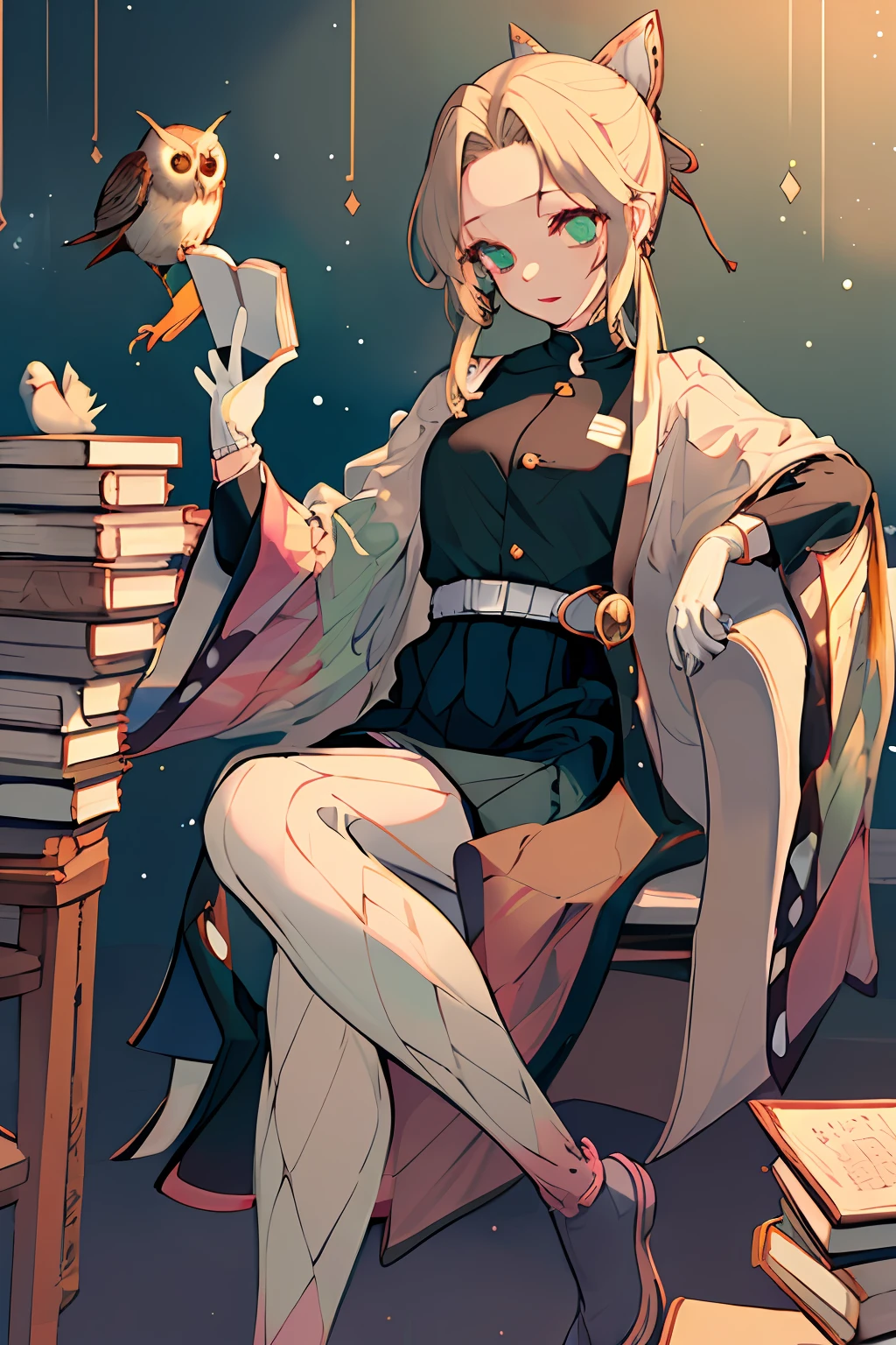 1girl, blonde hair, gloves, long hair, skirt, white gloves, sitting, book stack, solo, shirt, book, green skirt, owl, white shirt, looking at viewer, jewelry, long sleeves, high-waist skirt, green eyes, earrings, ribbon