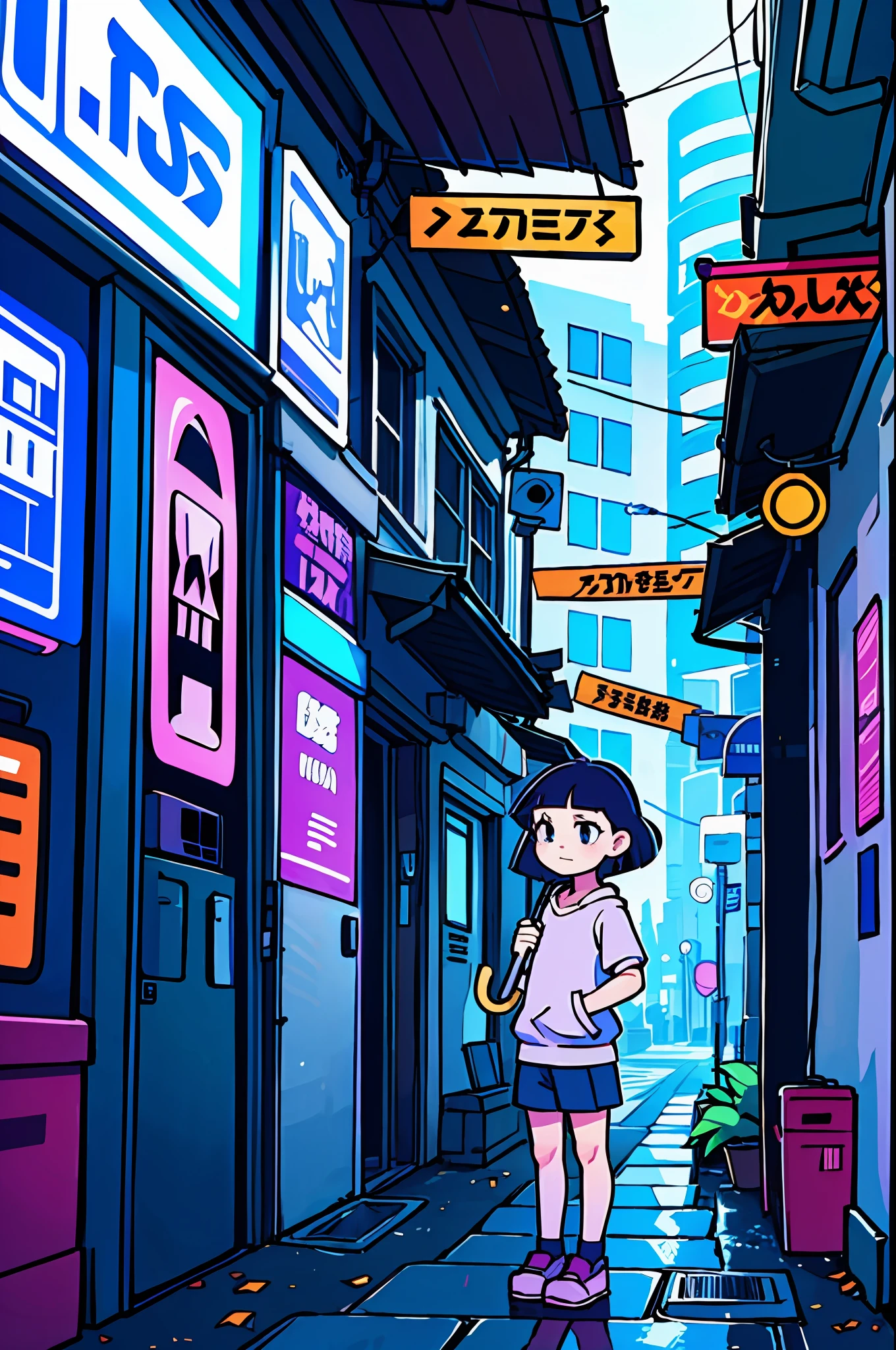 (best-quality:0.8),
(best-quality:0.8), anime illustration, Dora the explorer, teen, standing with an umbrella outside a building, futuristic, cyberpunk