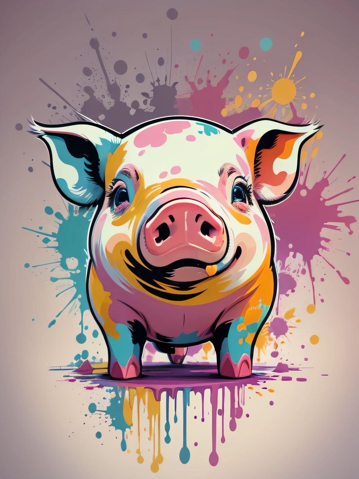 vector art, Colorful graffiti illustration of cute little pig, Bright colors, paint splashes and blots, high detail, whitebackground