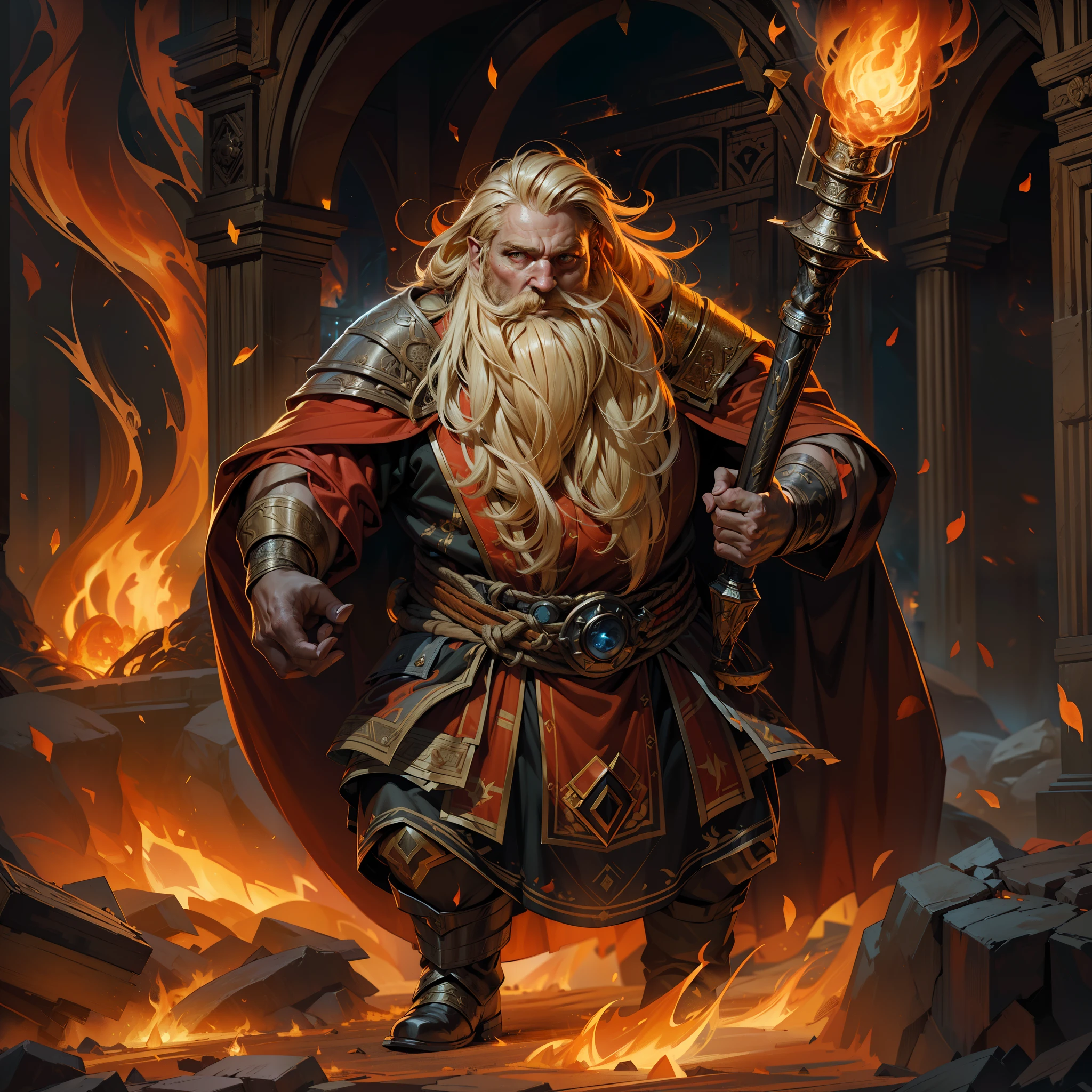 high details, best quality, 8k, [ultra detailed], masterpiece, best quality, (extremely detailed), dynamic angle, ultra wide shot, RAW, photorealistic, fantasy art, dnd art, rpg art, realistic art, an ultra wide picture of a male dwarf (1.5 intricate details, Masterpiece, best quality) fire mage casting ((fire control spell)), fire wizard ((fire magic,intense magic details)), ((controling a swirling fire flames)), manipulating fire magical sigils, male dwarf, blond  hair, blond beard, hair with fiery edges, intense eyes, ((fiery eyes)), ((glowing eyes)), armed with fiery staff, wearing magic robe, fiery background, dwarf forge background ((magical atmosphere)), high details, best quality, highres, ultra wide angle
