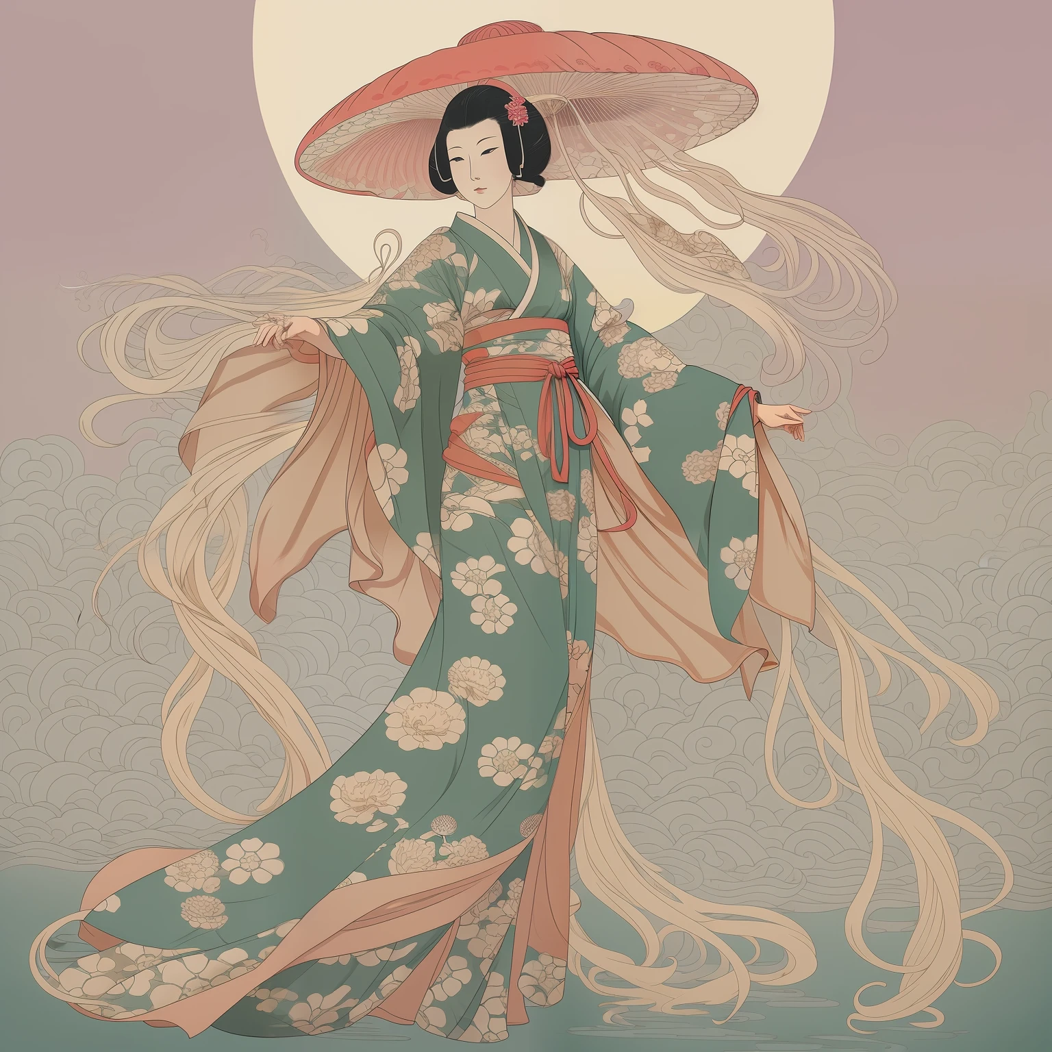 jellyfish woman, with a beautiful dress, full body,ukiyoe style,beautiful hands and legs,beautiful face,kimono style