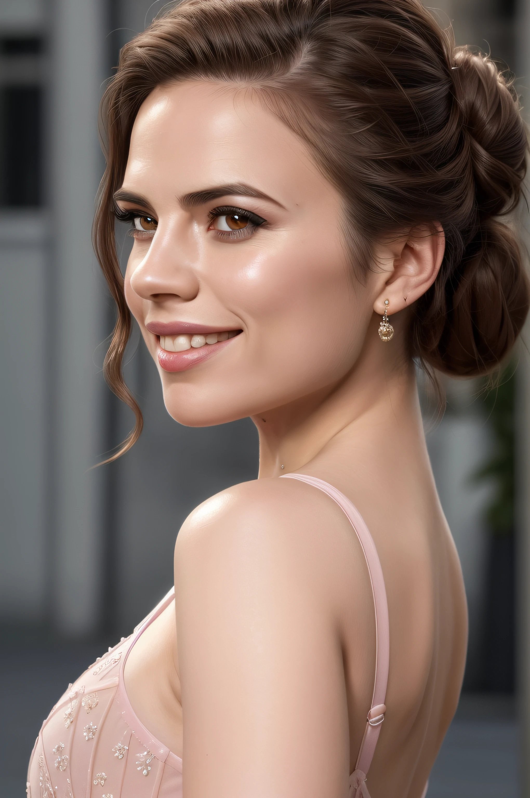 Beautiful woman, Hayley Atwell, dressed as a ballet dancer, beautiful legs, (hair in top bun), detailed eyes, (detailed realistic face), blush, confident smile, highly detailed, modelshoot style, (extremely detailed CG unity 8k wallpaper), (camera far away), photo of the most beautiful artwork in the world, fashion top model, trending on ArtStation, trending on CGSociety, Intricate, High Detail, Sharp focus, dramatic, photorealistic painting art by midjourney