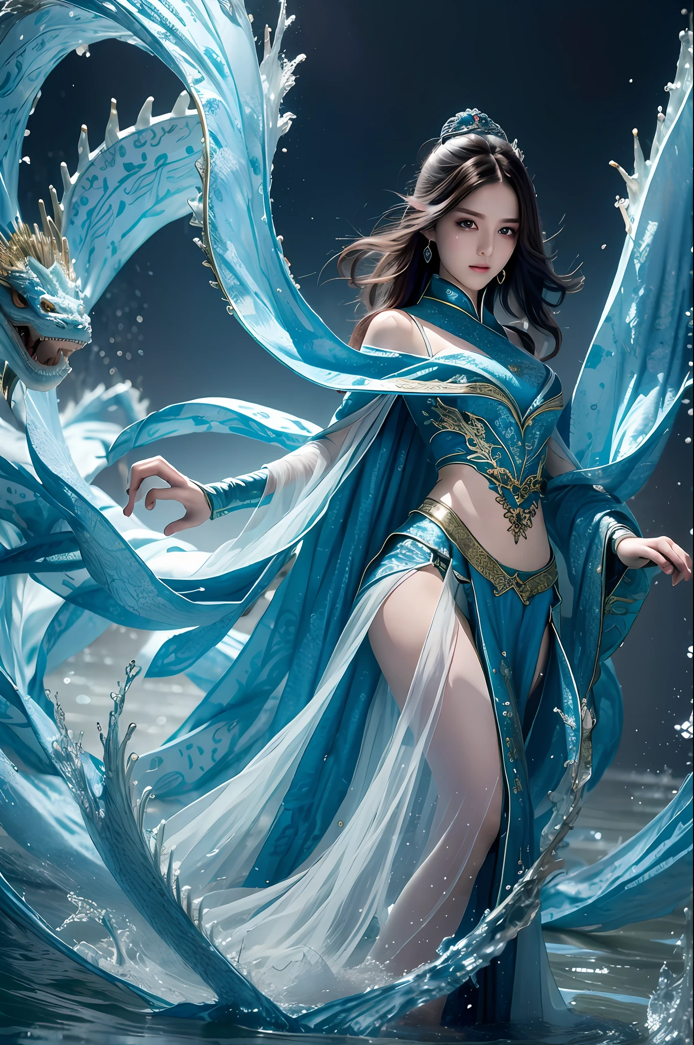 Best quality at best，tmasterpiece，超高分辨率，Water Imperial Spell，1girll，The figure is good，Sexy clothes，独奏，brunette color hair，Eau，wave，cparted lips，full bodyesbian，water dragon