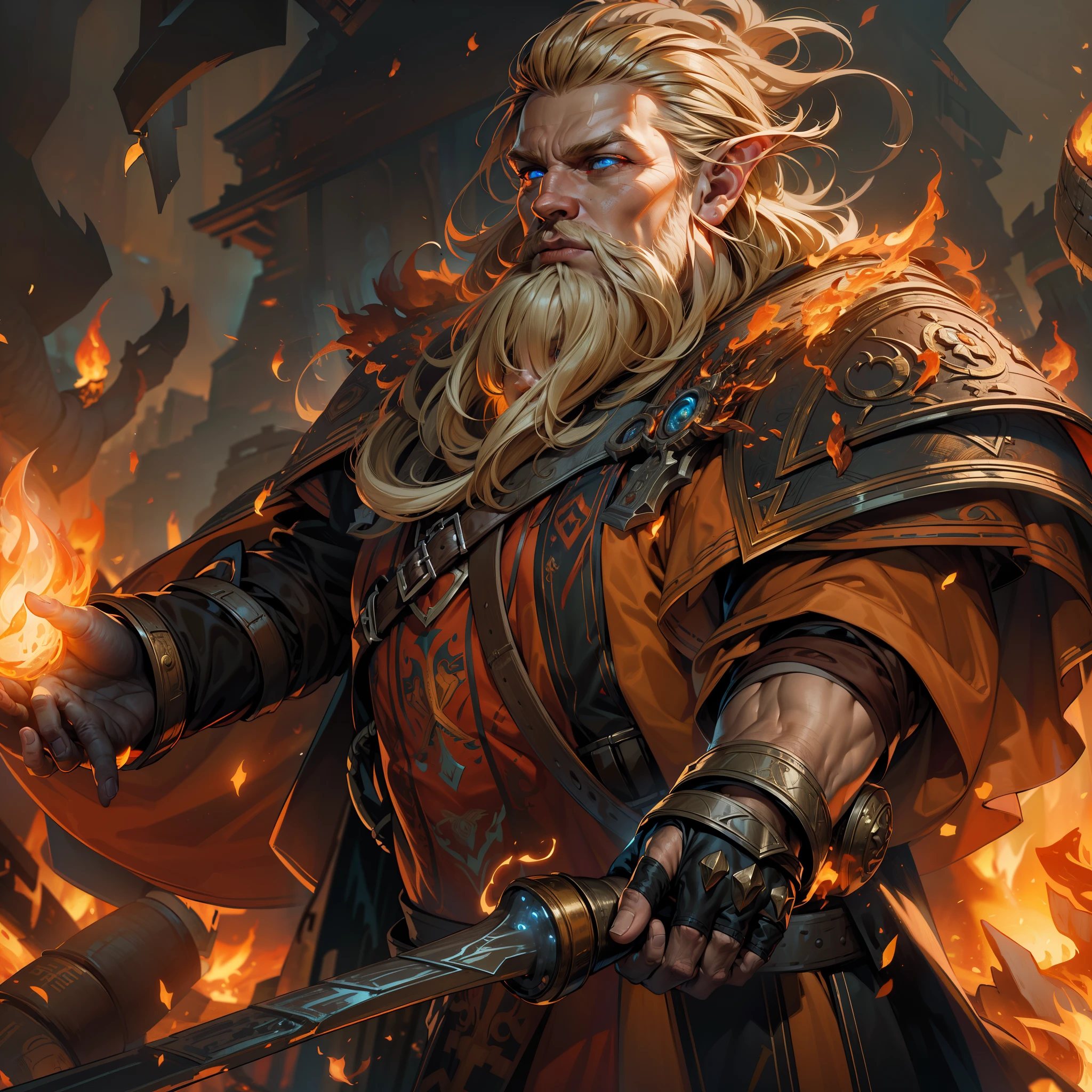 high details, best quality, 8k, [ultra detailed], masterpiece, best quality, (extremely detailed), dynamic angle, ultra wide shot, RAW, photorealistic, fantasy art, dnd art, rpg art, realistic art, an ultra wide picture of a male dwarf (1.5 intricate details, Masterpiece, best quality) fire mage casting ((fire control spell)), fire wizard ((fire magic,intense magic details)), ((controling a swirling fire flames)), manipulating fire magical sigils, male dwarf, blond  hair, blond beard, hair with fiery edges, intense eyes, ((fiery eyes)), ((glowing eyes)), armed with fiery staff, wearing magic robe, fiery background, dwarf forge background ((magical atmosphere)), high details, best quality, highres, ultra wide angle