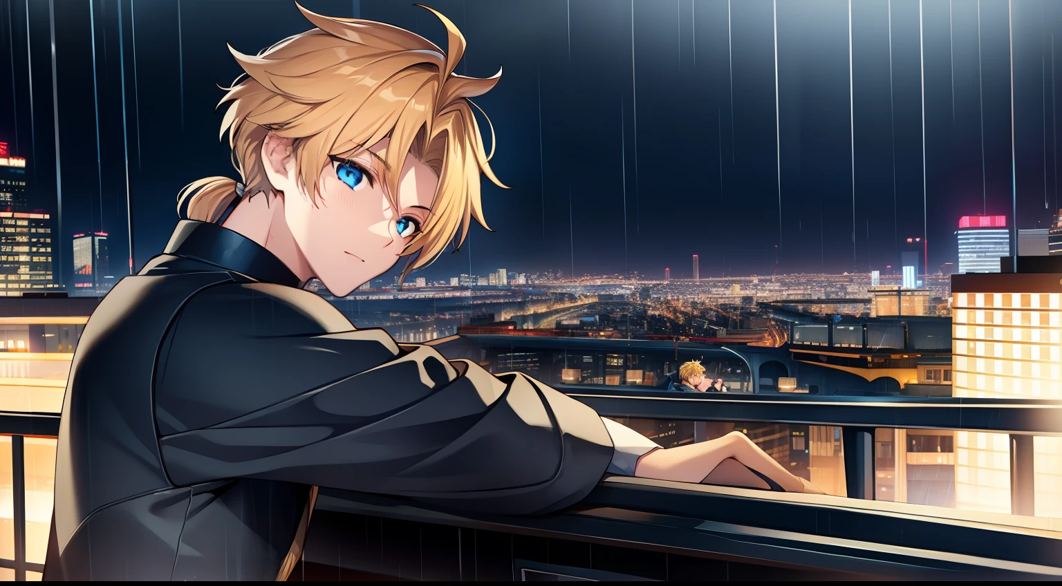 1boy,Drive a motorcycle,Faraway view,Golden hair,pony tails,blue color eyes,the night,Rainy days,city neon light,校服