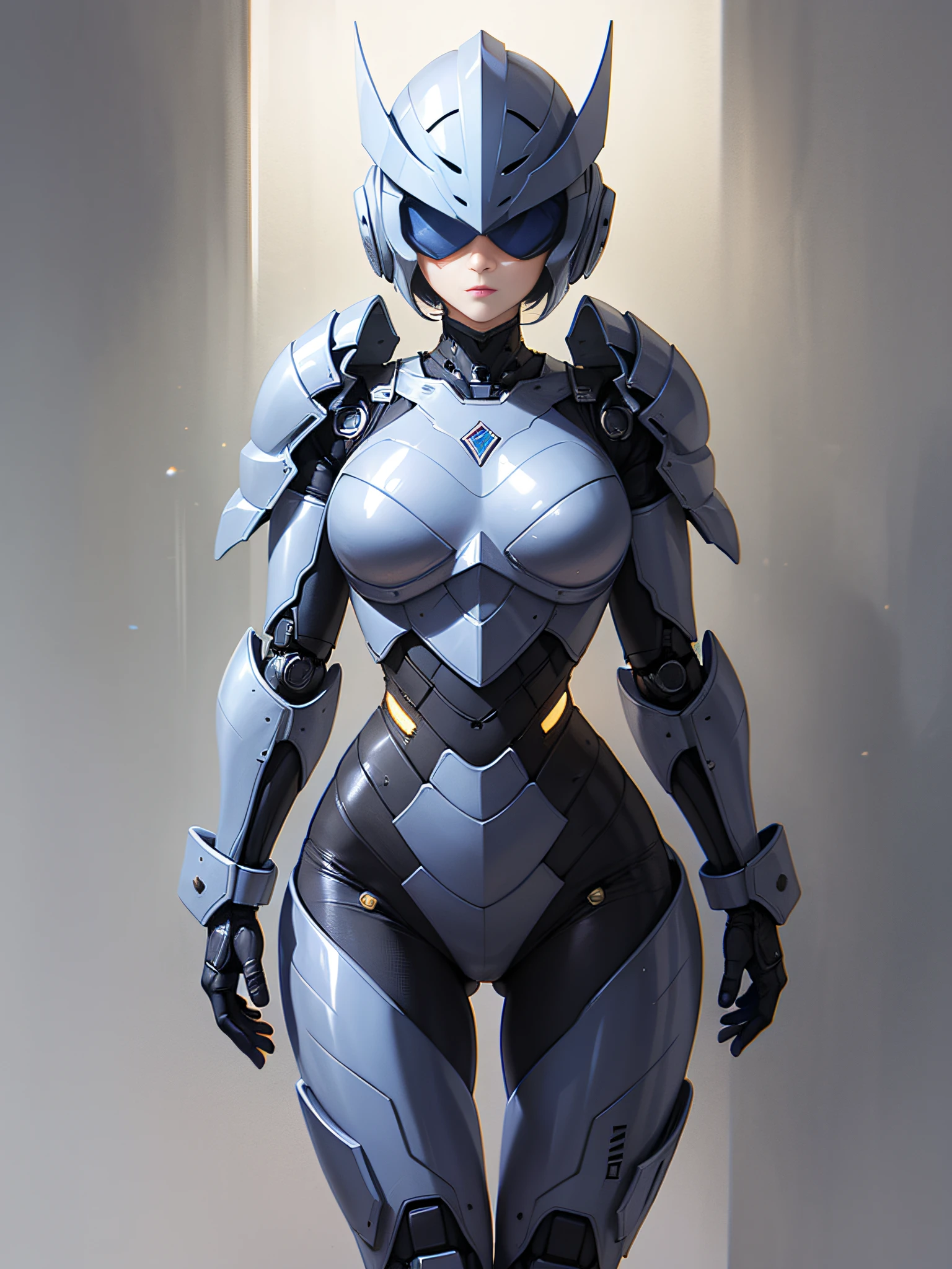 Female RoboCop、Armor that completely covers the whole body、very large chest-shaped chest armor,、Helmet to hide your eyes、Rainbow Armor、Armor that completely covers the chest、Slender and long legs、Vibrant poses、full-body view