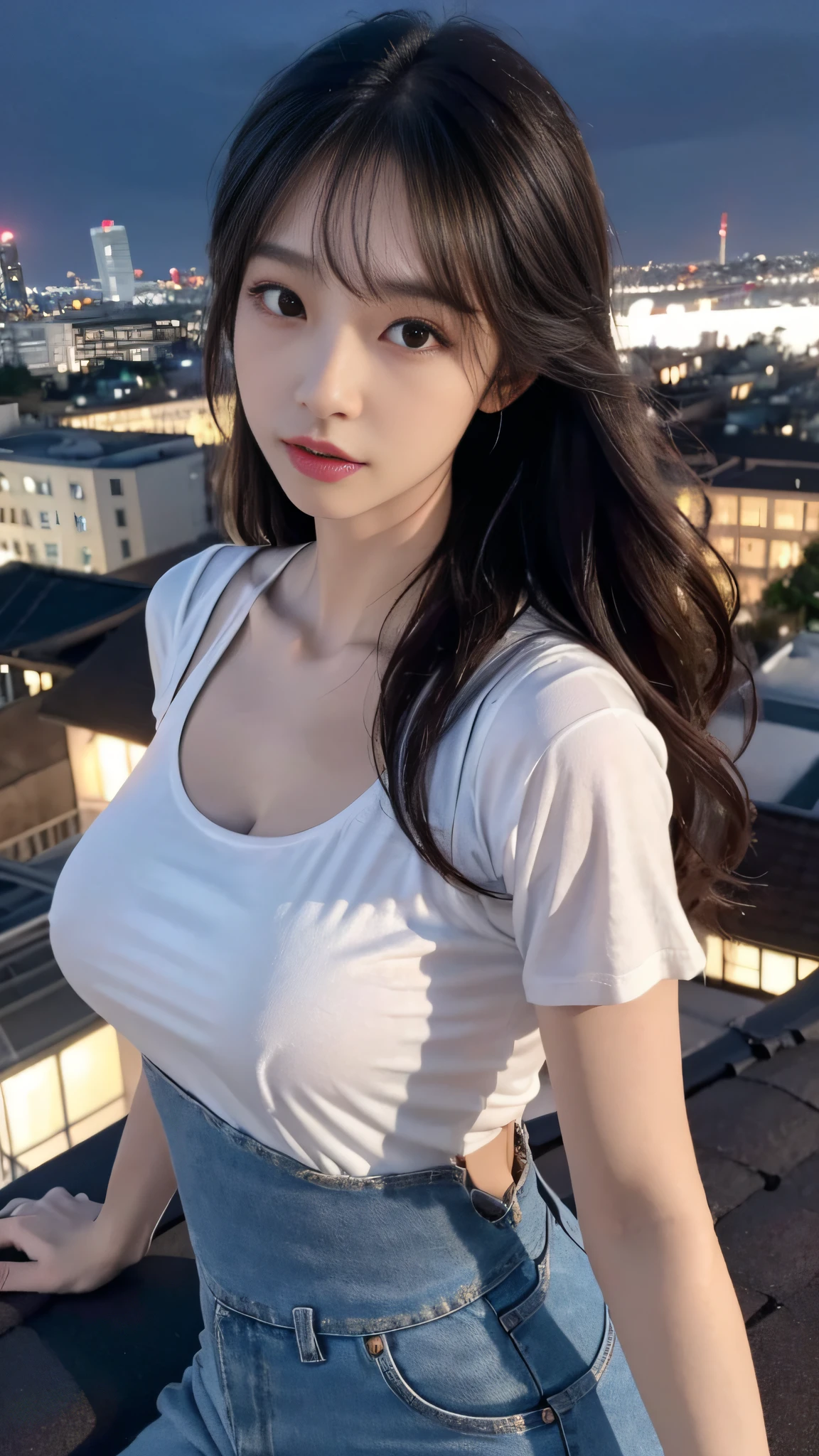 ((Midnight, Best quality, 8k, Masterpiece :1.3)), Whole body, Long legs, Sharp focus :1.2, A pretty woman with perfect figure :1.4, Slender abs :1.1, ((Dark brown hair, Big breasts :1.2)), (White tight tshirt, Jean bib, Standing:1.2), ((Night city view, Rooftop:1.3)), Highly detailed face and skin texture, Detailed eyes, Double eyelid, no clothes