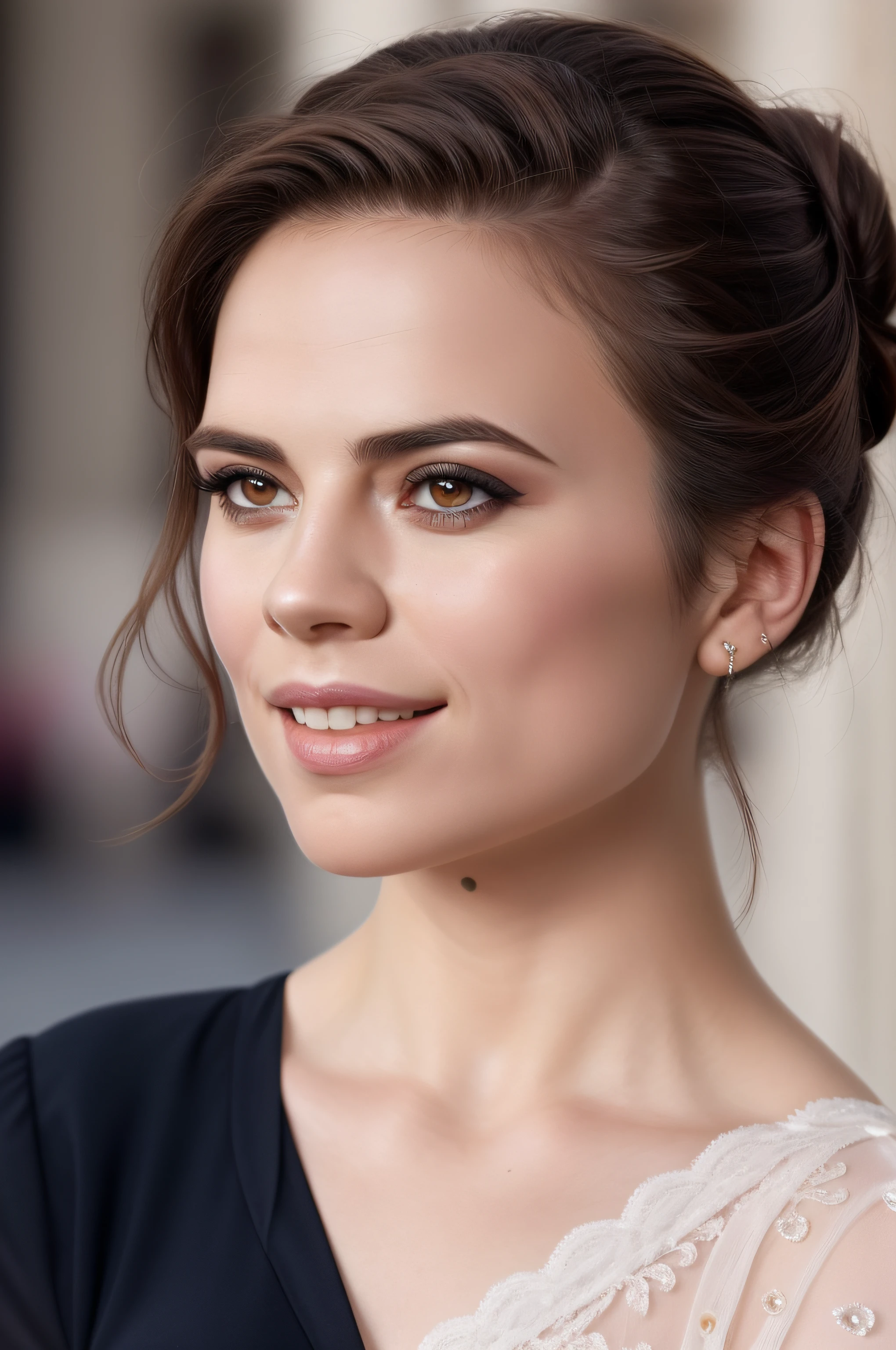 Beautiful woman, Hayley Atwell, dressed as a ballet dancer, beautiful legs, (hair in top bun), detailed eyes, (detailed realistic face), blush, confident smile, highly detailed, modelshoot style, (extremely detailed CG unity 8k wallpaper), (camera far away), photo of the most beautiful artwork in the world, fashion top model, trending on ArtStation, trending on CGSociety, Intricate, High Detail, Sharp focus, dramatic, photorealistic painting art by midjourney