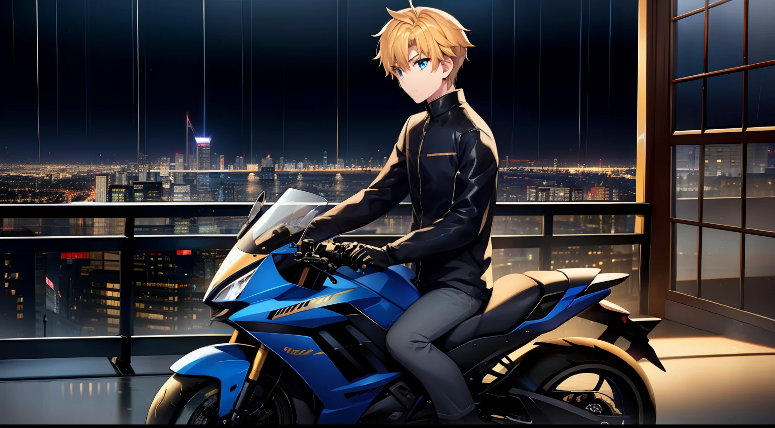 1boy,Drive a motorcycle,Faraway view,Golden hair,pony tails,blue color eyes,the night,Rainy days,city neon light,校服