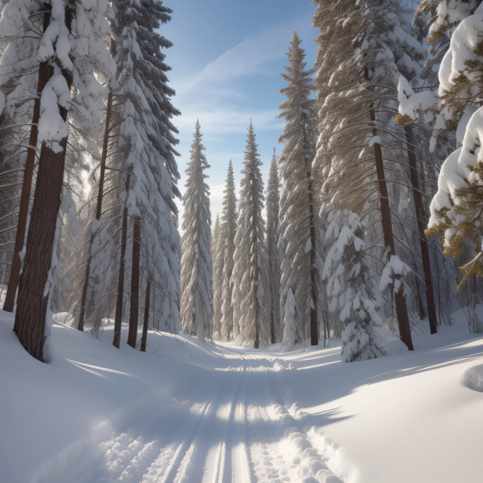 obra maestra, fondo de pantalla de 8k de CG unity de la mejor calidad de (una linda pareja en el centro, 1.5) mira fijamente al espectador, un impresionante paisaje invernal, cubierto por un manto de nieve. (un sendero) serpentea a lo lejos, en el costado, Tall evergreens stand with their branches burdened by heavy snow, un camino lejano (ciudad brumosa)