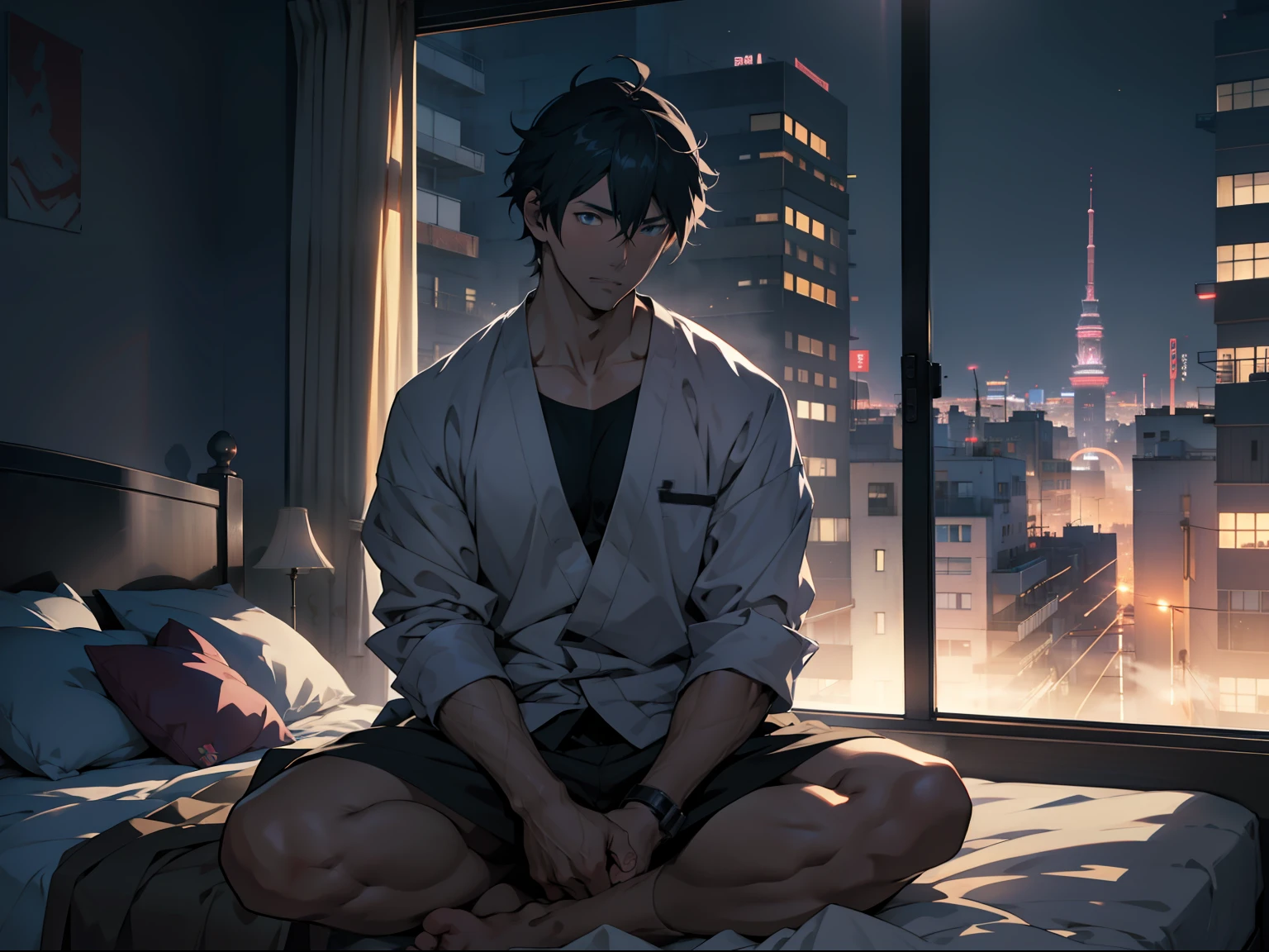 Anime characters sitting on beds in front of the window, Best anime 4k konachan wallpaper, Smooth anime CG art, Handsome anime pose, young anime man, clean and meticulous anime art, trending on artstation pixiv, City in the background, Anime. Soft lighting, Badass anime 8 K, 4K anime wallpaper, Anime art wallpaper 8 K