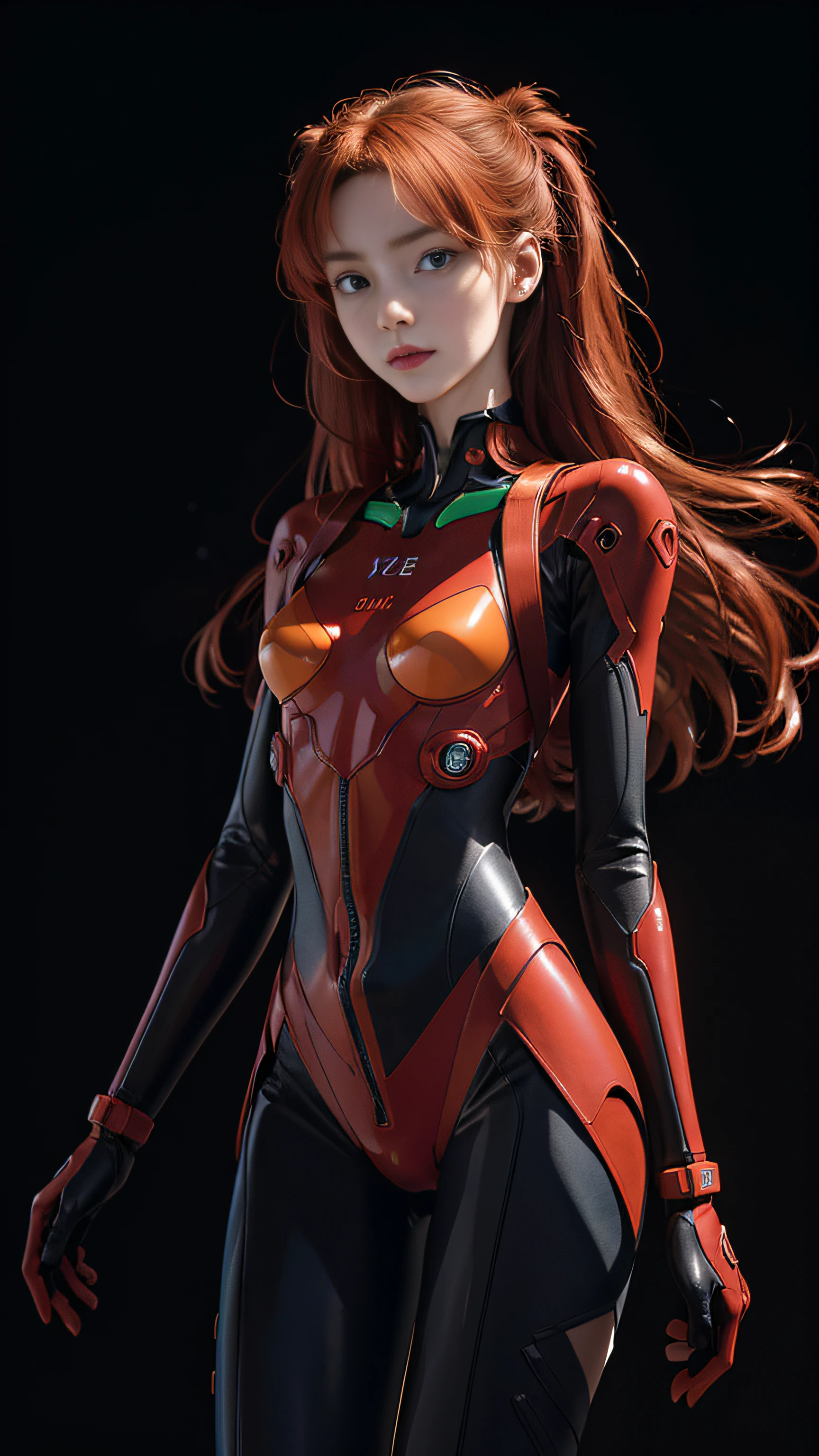 Super beautiful glowing eyes、red hairs、(((realisitic)))a picture, ​masterpiece, top-quality, 1girl in, a slender waist, top-quality, pale-skinned, Suryu Aska Langle, Plug Suit 02, Black background, (Face and eye details:1.1), Unique, red blush, ((full of shyness)), extremely delicate and beautiful girl, dynamicposes, (to8contrast style),