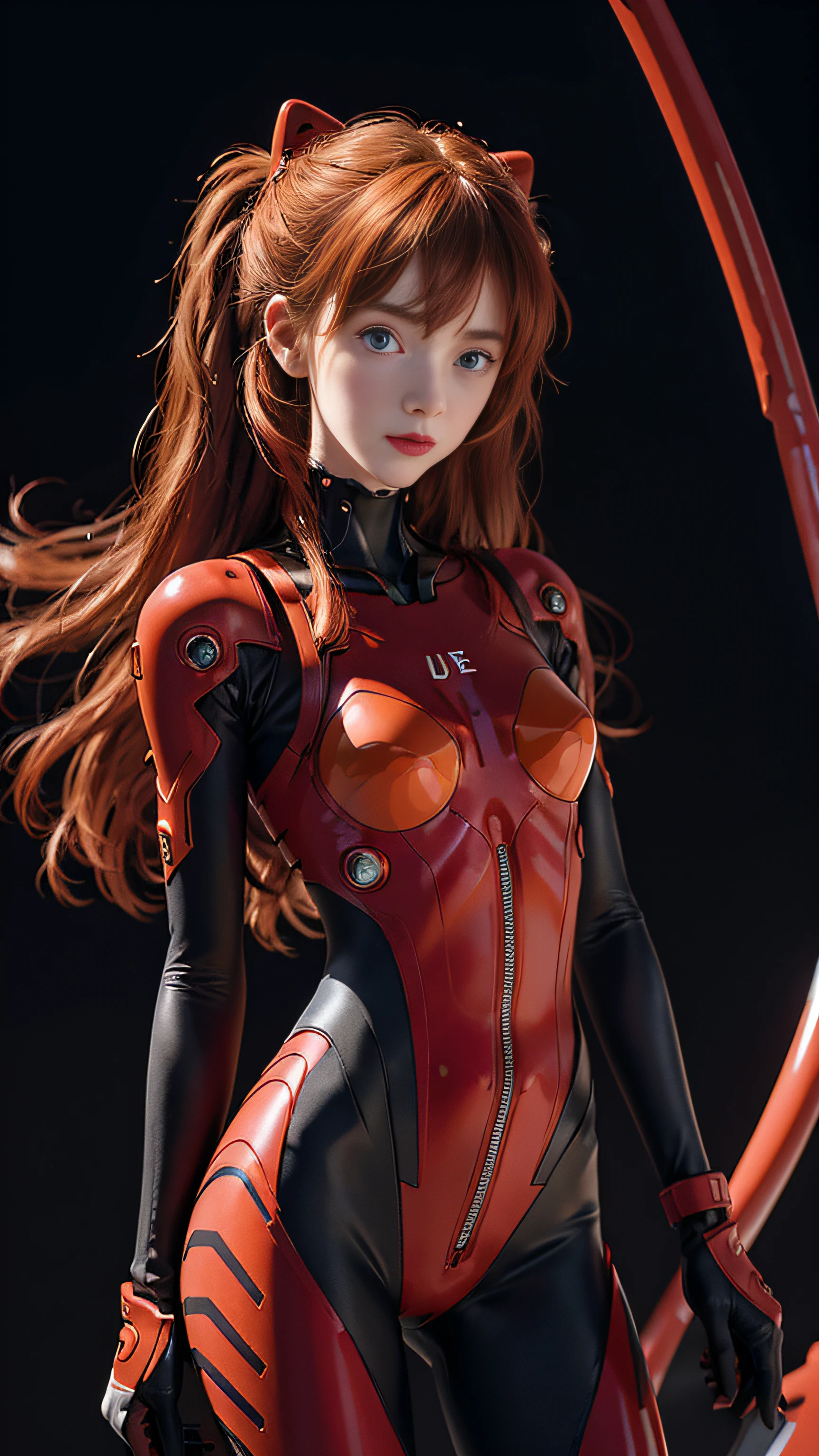 Super beautiful glowing eyes、red hairs、(((realisitic)))a picture, masterpiece, top-quality, 1girl in, a slender waist, top-quality, pale-skinned, Suryu Aska Langle, Plug Suit 02, Black background, (Face and eye details:1.1), Unique, red blush, ((full of shyness)), extremely delicate and beautiful girl, dynamicposes, (to8contrast style),