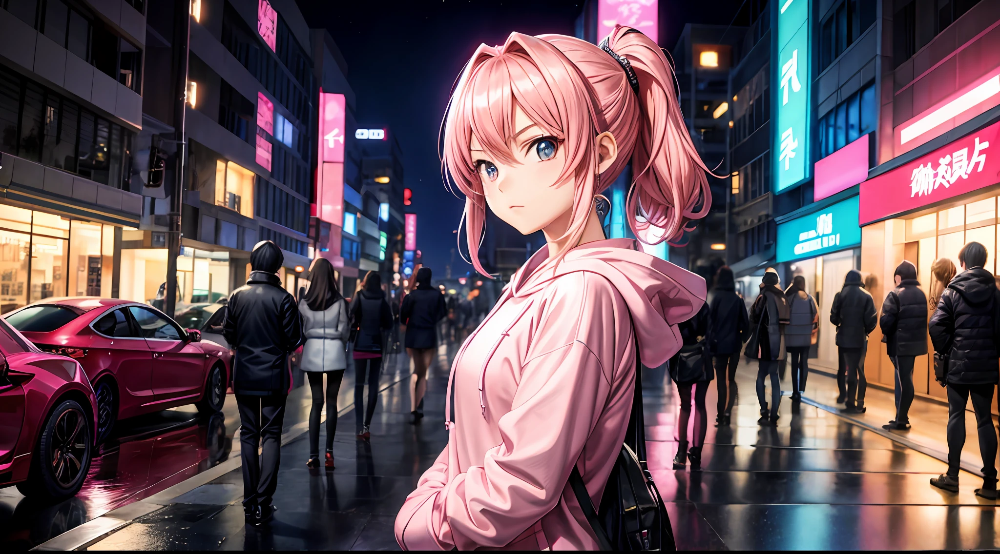 anime woman wearing pink hoodie, looking at the viewer, stern looking, in the city, at night, lots of fancy cars behind her, sen no kiseki style, 4k