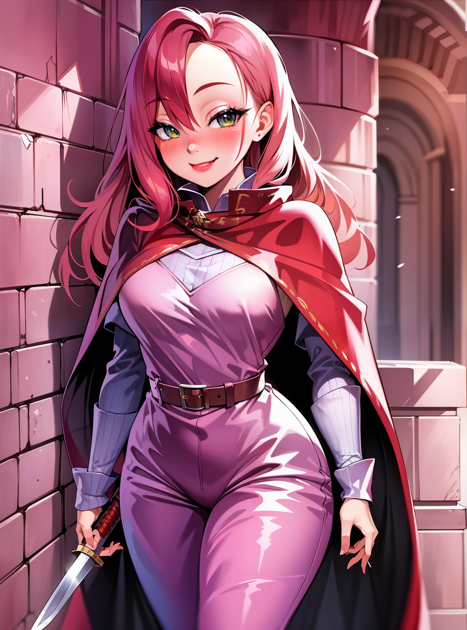 (JessicaWaifu:1),1girl, cute, cloak, thief, scarf, cape, rpg, medieval fantasy, pants, vest, walking,knife holding,smile, blush