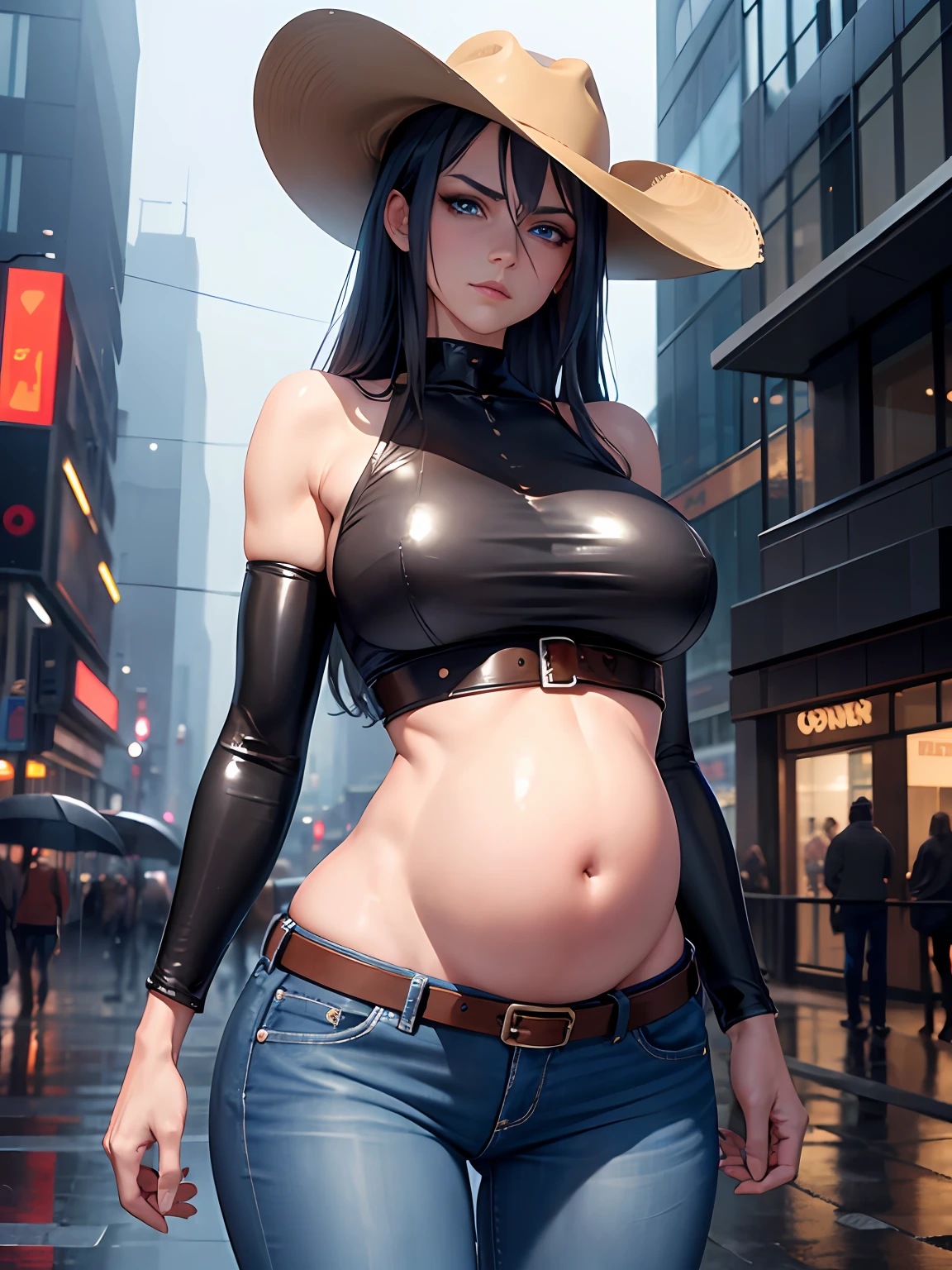 (Cowboy shot: 1.5), Thin waist, Skinny, LeonaMS, musculature, Big blue eyes, Long legs, Jeans, Leather belt, Large breasts, Puffy eyes, Leather belt, (rainy city), Glossy glossy skin, Facing the viewer, winning posture,pregnant women with
