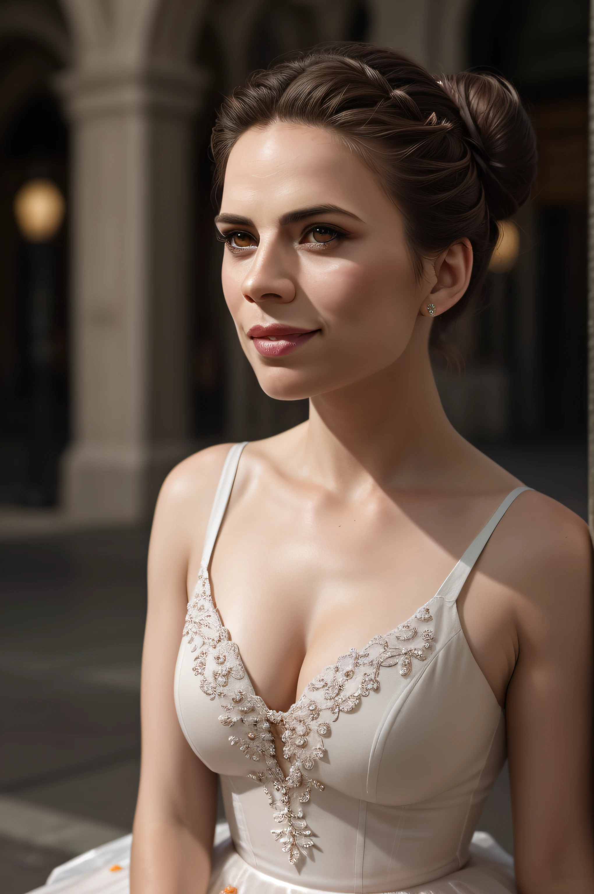 Beautiful woman, Hayley Atwell, dressed as a ballerina, sitting on ground, looking up at the camera, beautiful legs, (hair in top bun), detailed eyes, (detailed realistic face), blush, confident smile, highly detailed, modelshoot style, (extremely detailed CG unity 8k wallpaper), (camera far away), photo of the most beautiful artwork in the world, fashion top model, trending on ArtStation, trending on CGSociety, Intricate, High Detail, Sharp focus, dramatic, photorealistic painting art by midjourney