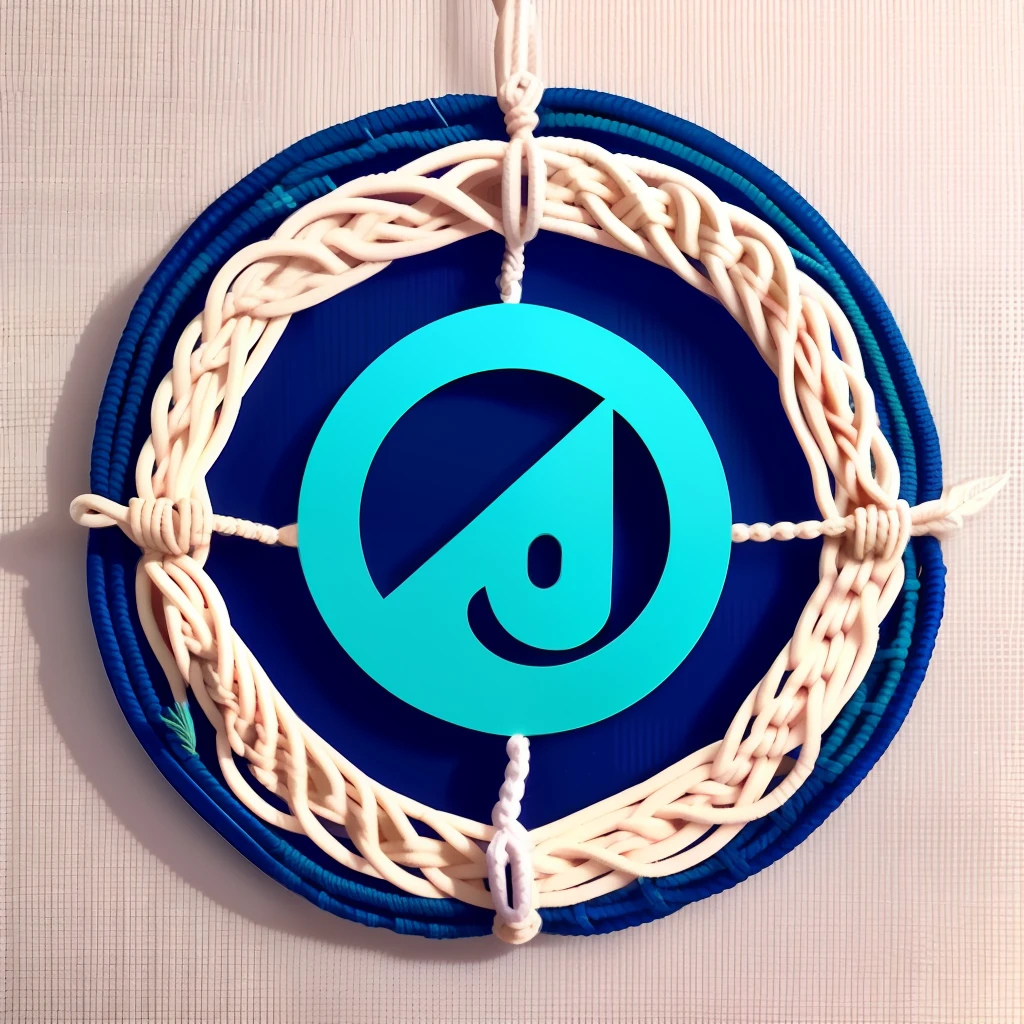 Logo circulo azul tejido en macrame con una ((pluma)) de pavo real encima y la palabra ((MAKRALIA)) en el centro.