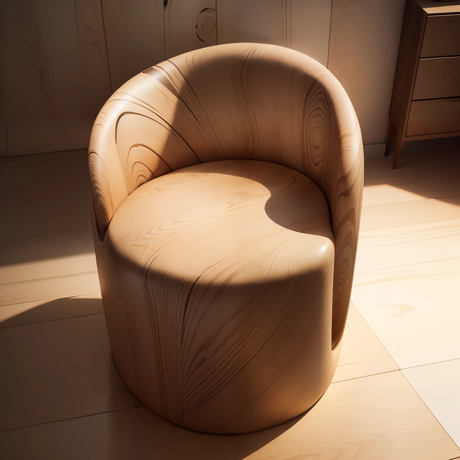 You are about to admire a photorealistic masterpiece that is sure to surprise you. Nesta imagem, You will find a contemporary chair with parametric wooden design, a true manifestation of beauty and art. The lush curves and waves of this chair are a bold expression of creativity and skill. Every detail of the wood is portrayed with an ultra-realistic quality, allowing you to appreciate the texture and richness of the veins vividly. The perfect fusion of parametric design and wood creates a stunning piece of furniture that transcends functionality, elevando-se a uma verdadeira obra de arte. Precise lighting enhances soft contours and refined aesthetics, tornando esta cadeira o ponto focal absoluto da imagem. Get ready to be enveloped by the beauty and sophistication of this contemporary chair that is a true celebration of human talent and creativity.