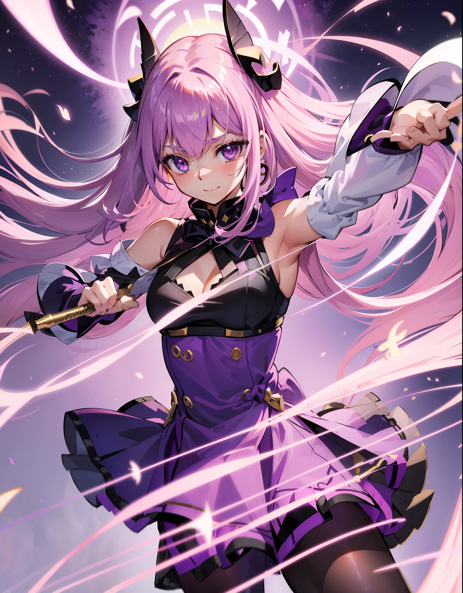 (hair over shoulders),hair over breasts,Light purple hair,Gradient hair,frizzy hair,Asymmetrical bangs,hair between eye,musical note hair ornament,Girl,Solo,long eyelasher,Beautiful detailed eyes,ssmile,Purple eyes,Gradient eyes,Medium breasts,between breasts,Detached_Sleeves,Black pantyhose,mitts,arms stretched wide,(Purple dress),Beautifully dressed,musical note,baton,(Bow knot),Gold accents,Black accents,intoxicated