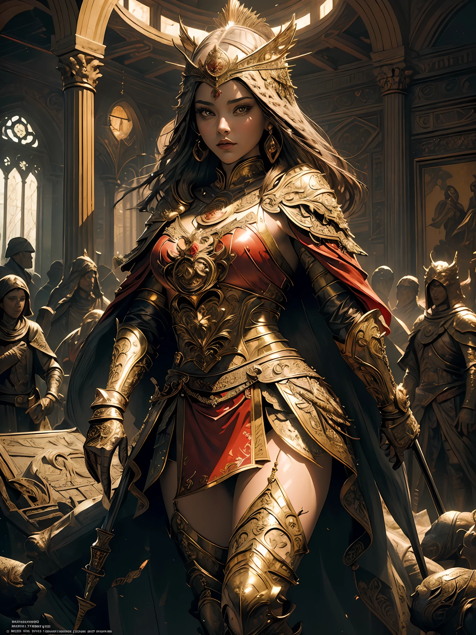 ((masterpiece))), (((best quality))), ((ultra-detailed)), (hyperrealistic), (highly detailed artwork), accent lighting, photorealistic, extremely beautiful young lady, light makeup, intricate detailed eaba, red cape, spear, shining, gloss, crisp, flirty, statues, epic