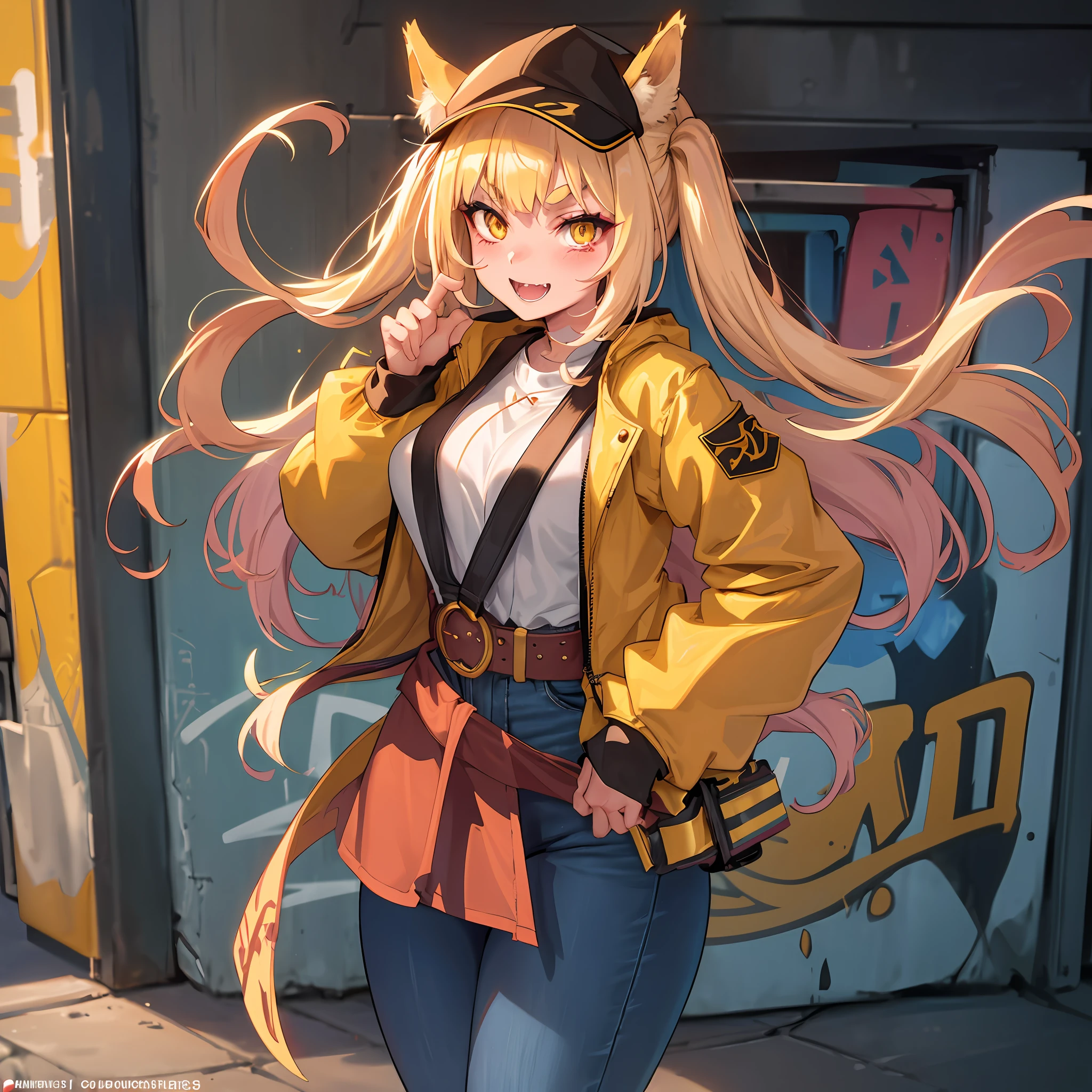 Original Character, Volumetric Lighting, Best Shadows, Shallow Depth of Field, Portrait Of Stunningly Beautiful Girl, Petite, Delicate Beautiful Attractive Face With Alluring Yellow Eyes, Sharp Eyebrows, Broadly Smiling, Open Mouth, Fangs Out, Lovely Medium Breasts, Blush Eyeshadow, Thick Eyelashes, Applejack Hat, Oversized Pop Jacket, Slim Waist, Denim Jeans Pants, With Buckle Belt, In The Graffiti Alley, Waste Container, Outside Stairs, Outdoor Unit, Standing, (Highest Quality, Amazing Details:1.25), (Solo:1.3)