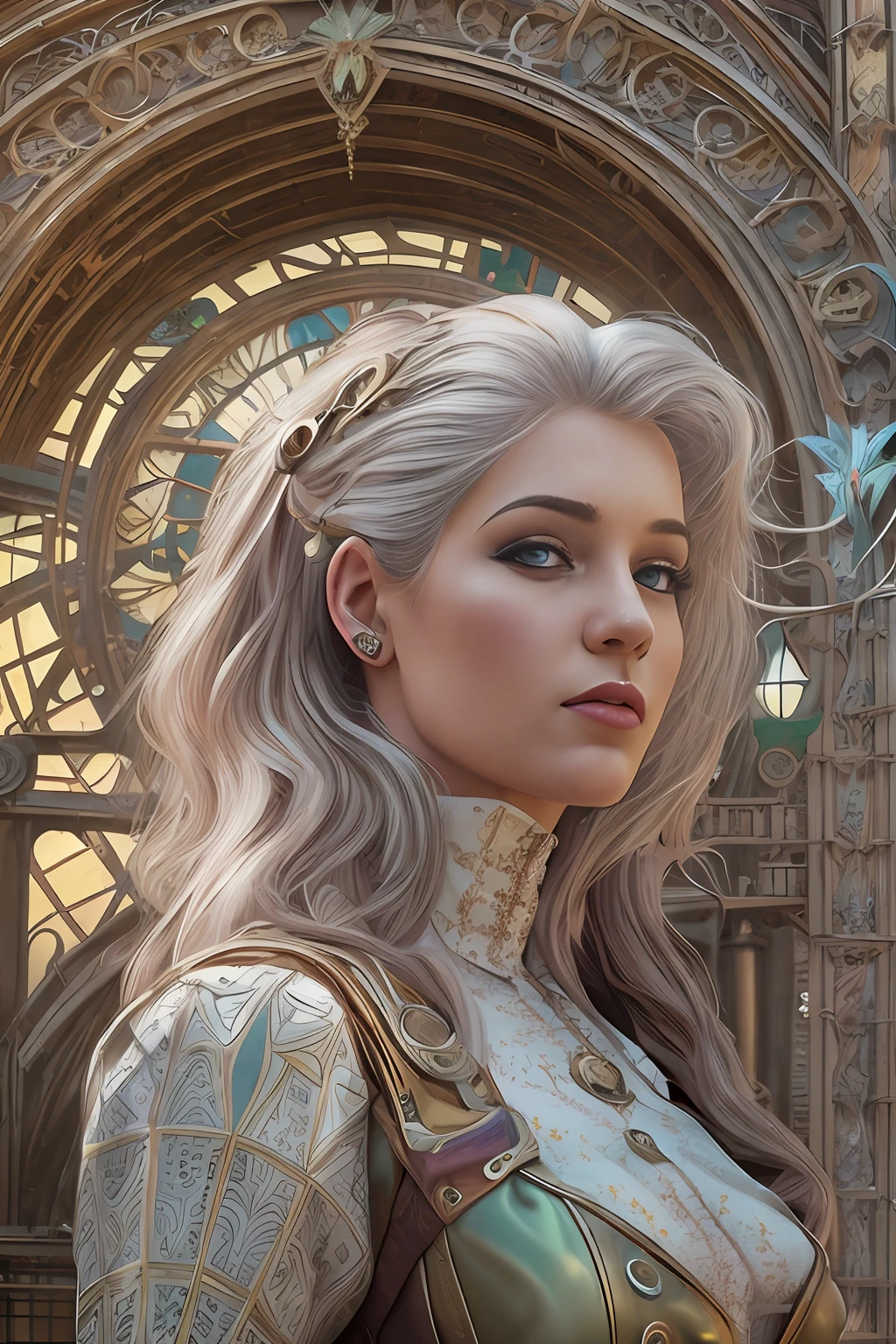 Hyperrealist full shot of steampunk gal by david hockney and alphonse mucha,photoh art, photo realistic, dynamic lighting, artstation, poster, volumetric lighting, very detailed faces, 4 k, award winning, 1girl, gothic cathedral n background, deep shadow,(steampunk clothing:1.4) ,long hair,white hair,