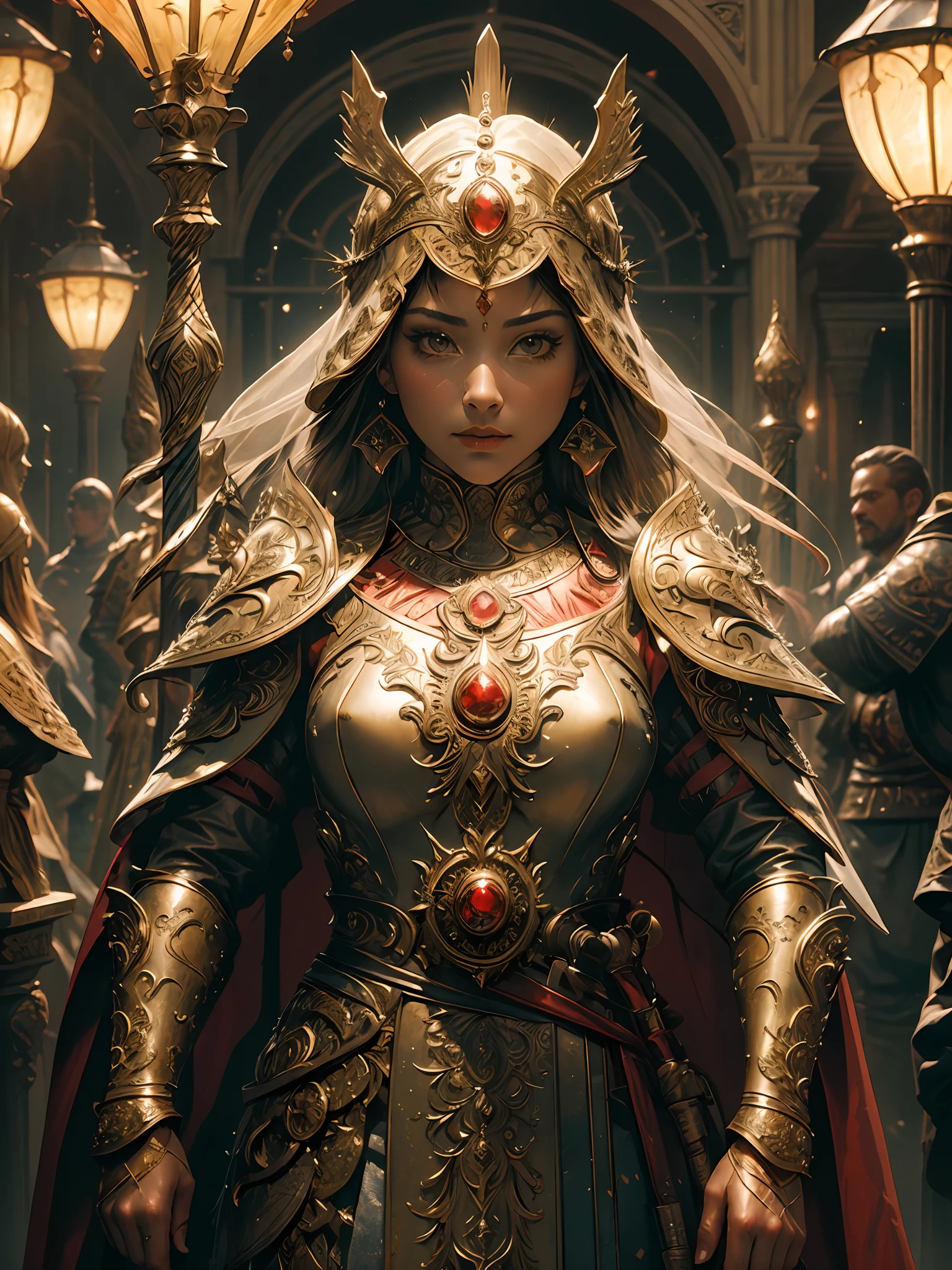 ((masterpiece))), (((best quality))), ((ultra-detailed)), (hyperrealistic), (highly detailed artwork), accent lighting, photorealistic, extremely beautiful young lady, light makeup, intricate detailed eaba, red cape, spear, shining, gloss, crisp, flirty, statues, epic