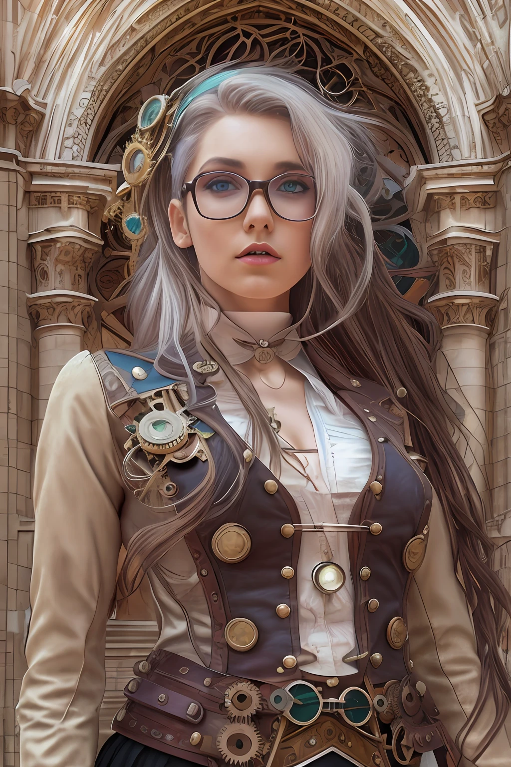 Hyperrealist full shot of steampunk gal by david hockney and alphonse mucha,photoh art, photo realistic, dynamic lighting, artstation, poster, volumetric lighting, very detailed faces, 4 k, award winning, 1girl, gothic cathedral n background, deep shadow,(steampunk clothing:1.4) ,long hair,white hair,