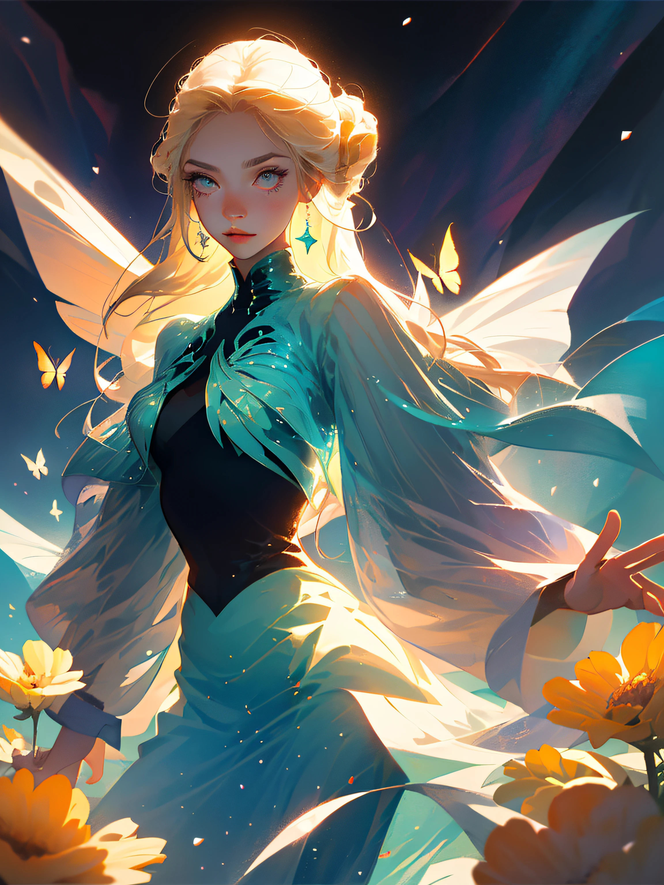 (best qualtiy,tmasterpiece),1girl,lewd poses,Particle,ventania,florals,The upper part of the body,simplebackground,looking at viewert,The blonde,milky ways,vivd colour,Mechanical butterfly,floated hair