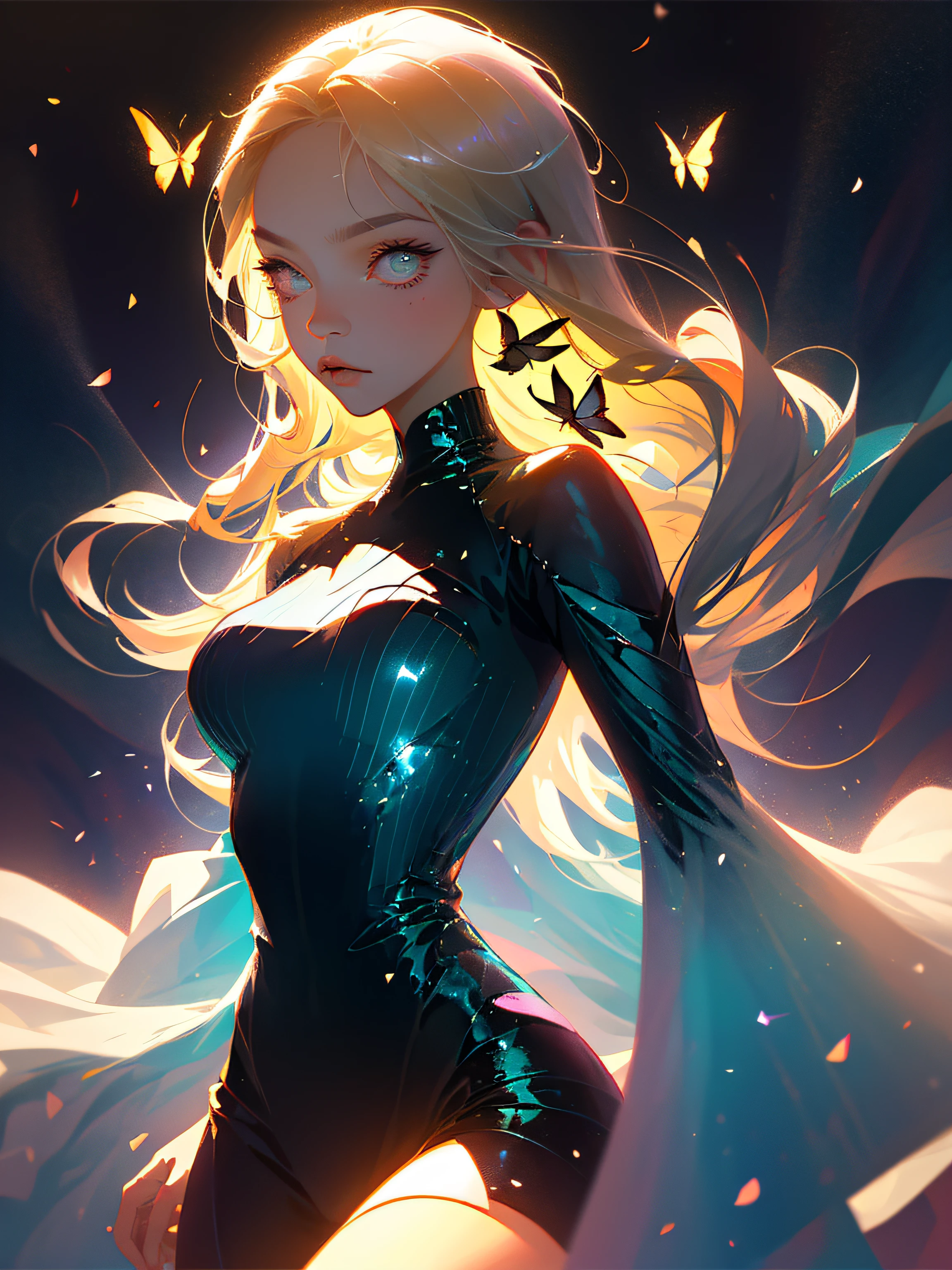 （best qualtiy，tmasterpiece），1girl，lewd poses，Particle，ventania，florals，The upper part of the body，simplebackground，looking at viewert，The blonde，milky ways，vivd colour,Mechanical butterfly,floated hair
