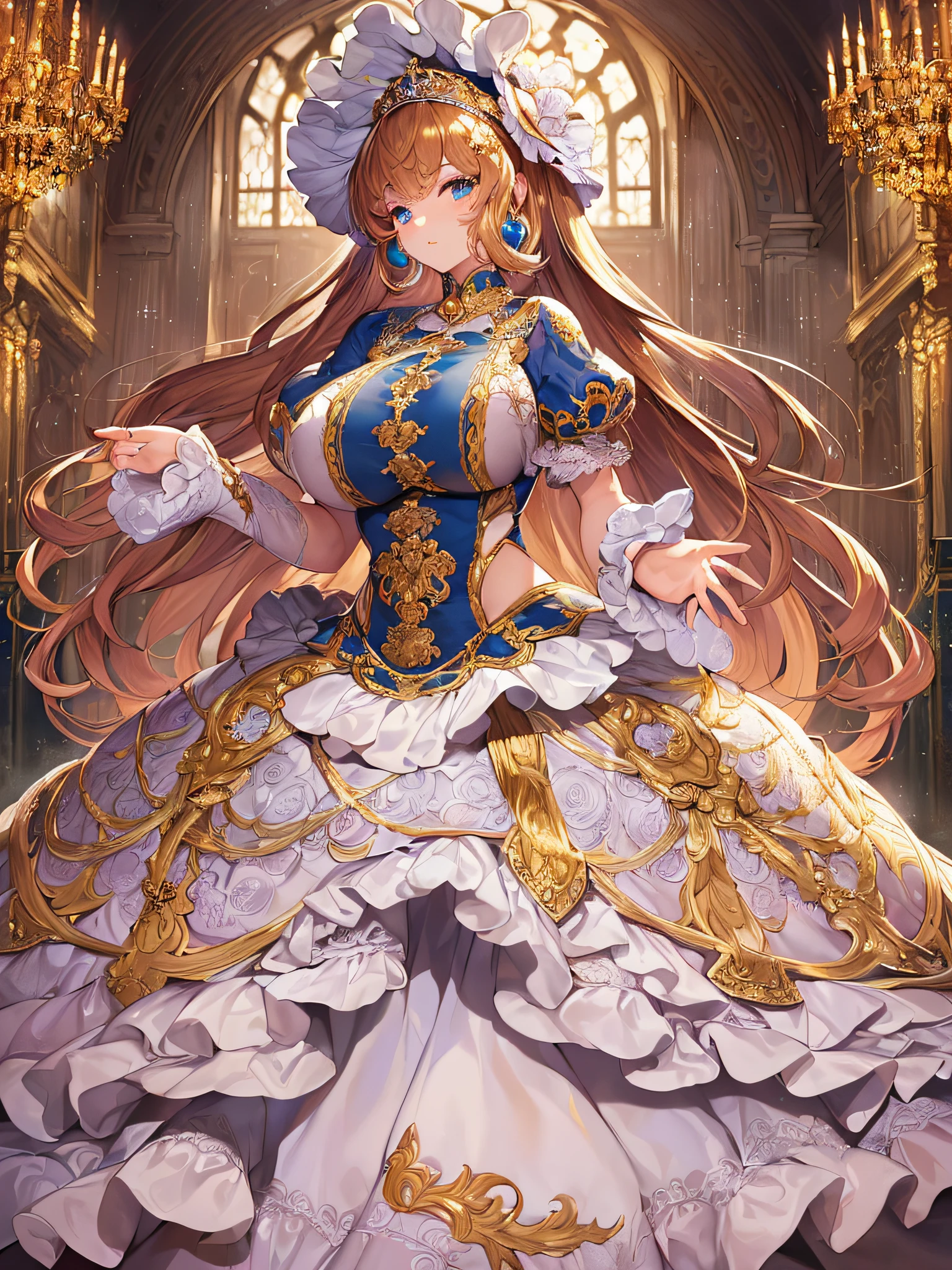 ((anime artstyle)),(Masterpiece),(Best Quality), (Super Detail),((Very Delicate and Beautiful)),((Solo)),((full body)),((1 princess in gorgeousfull rococo dress)),detailed face and eyes,jewel-like eyes,((voluminous Very Long Straight Hair)),((gorgeousfull embroidery and lace)),gorgeous corsage,See-through,gorgeousfull hair ornament,gorgeousfull glitter jeweled tiara,ornate ruffles,((gigantic breasts,Long breasts)),skindentation,((full body)),((hoop skirt,crinoline)),Dynamic Angle,Looking at viewer,royal victorian palace,(((gorgeous embroidery gorgeousfull rococo dress)),full body