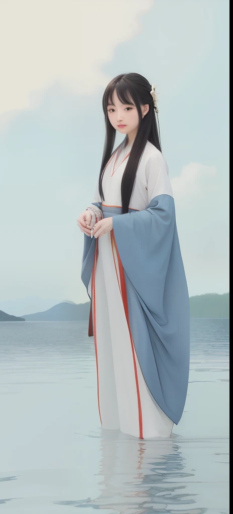 ((4K,Masterpiece,Best quality)), shuimobysim, Traditional Chinese painting, lotuses, Hanfu, maxikit, Dress conservatively 1girl, Solo, Blue long hair, ssmile, standing on your feet, feet in water, The barefoot,